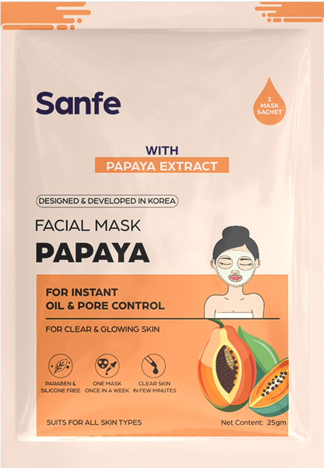 Image of Sanfe Papaya Face Sheet Mask 25gm Pack of 4| For radiant & glowing skin (25 g)