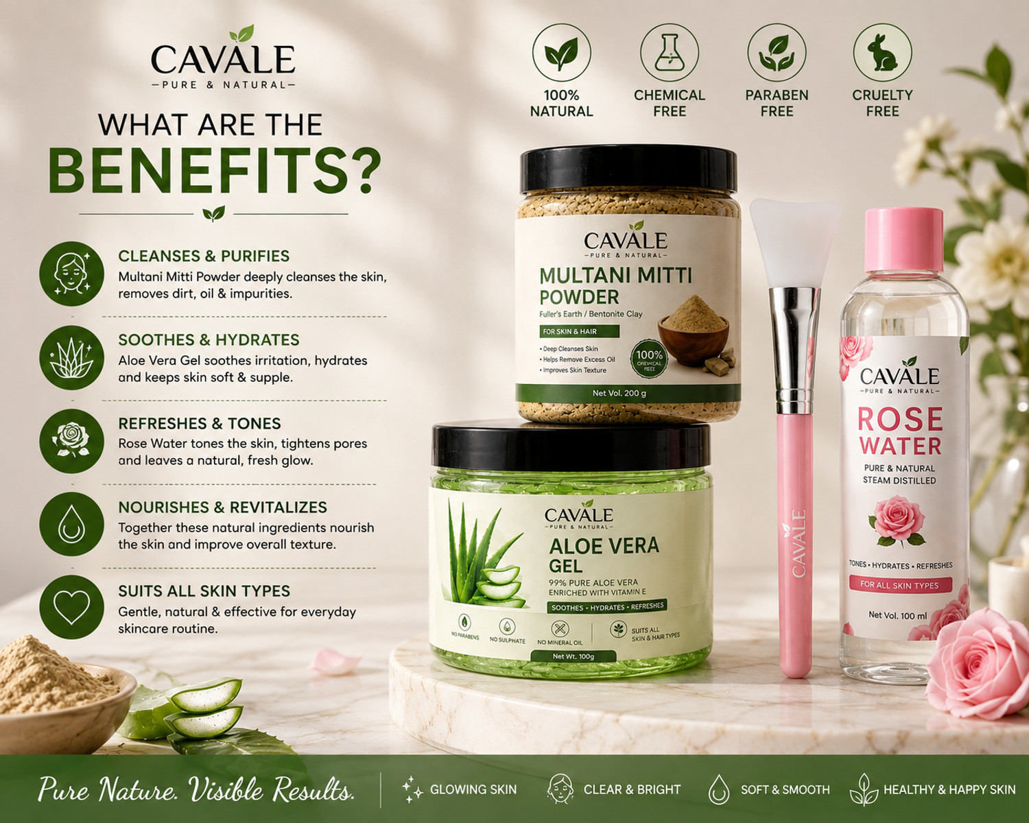 Image of cavale Multani Mitti Powder for Face with Rose Water Aloe Vera Gel Mask Brush Combo