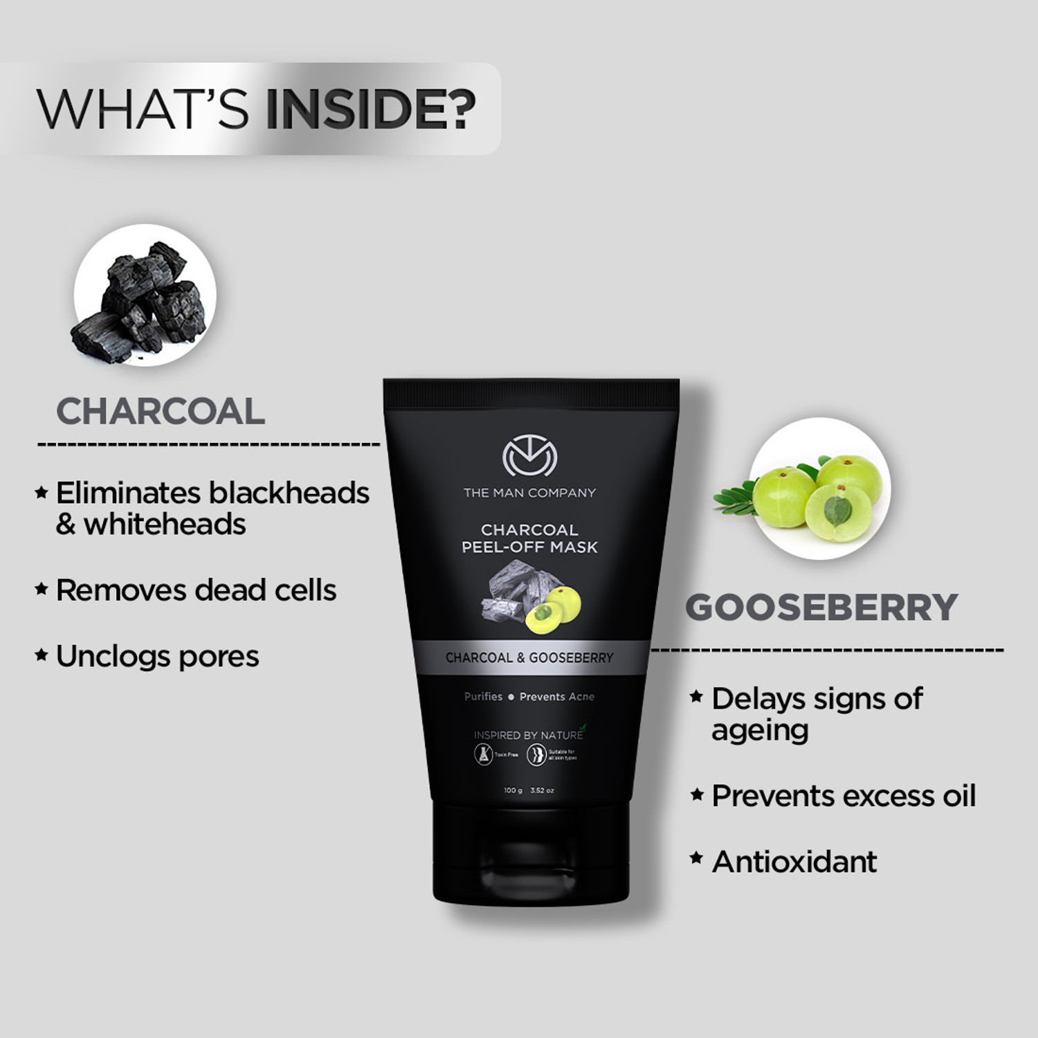 Image of THE MAN COMPANY Activated Charcoal Peel off Mask, Moringa and Gooseberry, Black, pack of 2