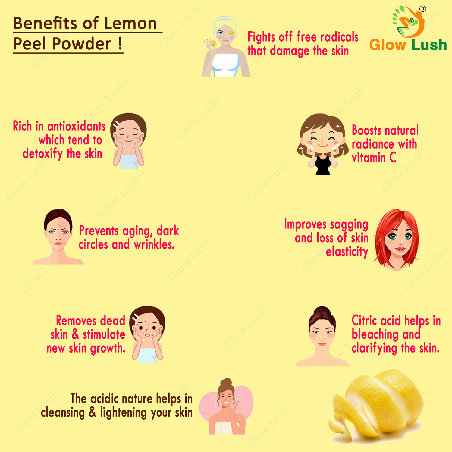 Image of Glow Lush Lemon Peel Powder (125 g) for Skin & Face - for Tan Removal & skin whitening