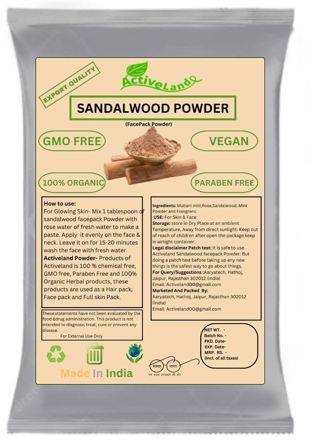 Activeland Pure Natural & Organic Chandan (sandalwood) Powder