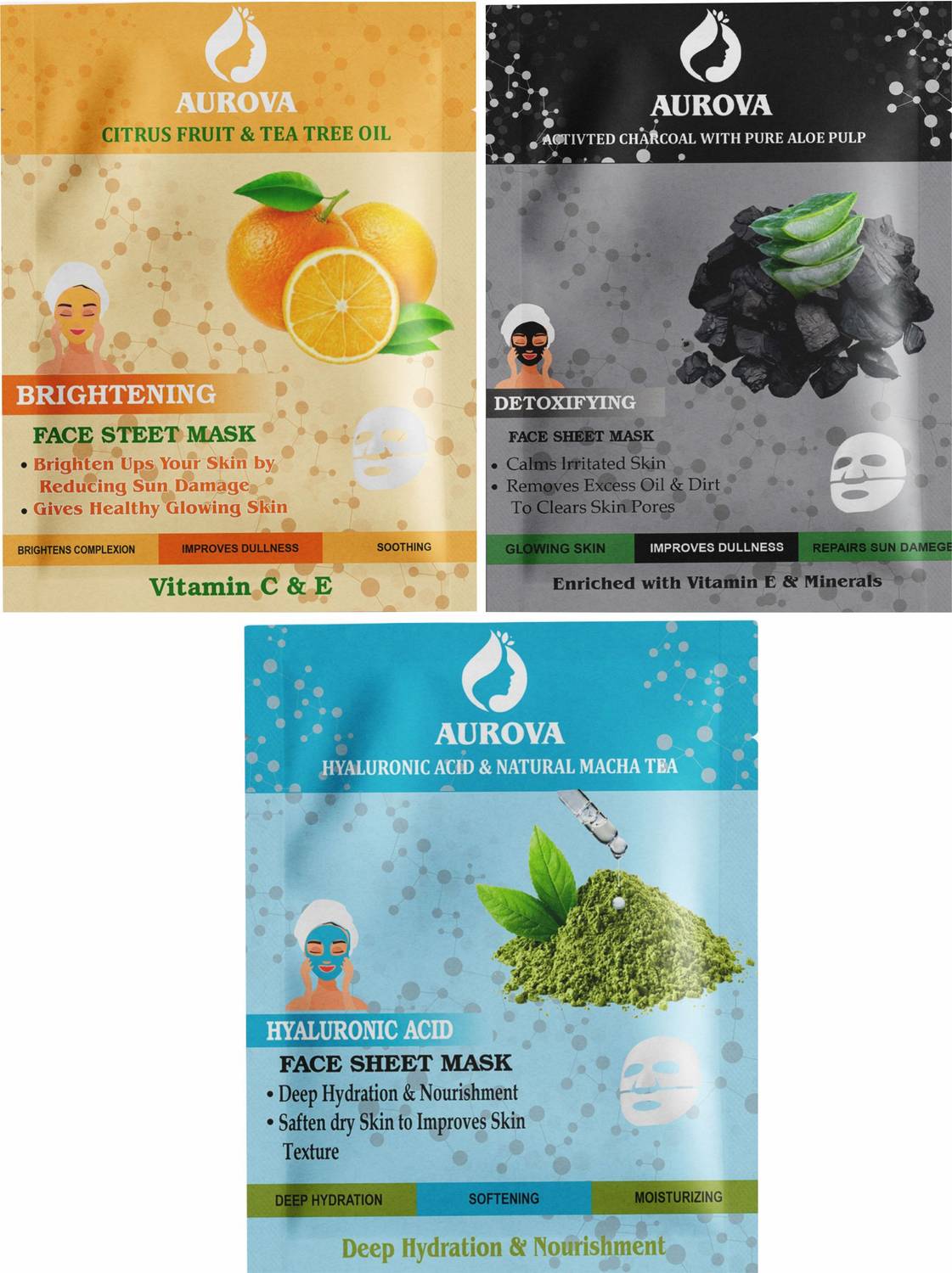 AUROVA Face Sheet Mask Combo – Charcoal, Citrus Fruit & Hyaluronic Acid