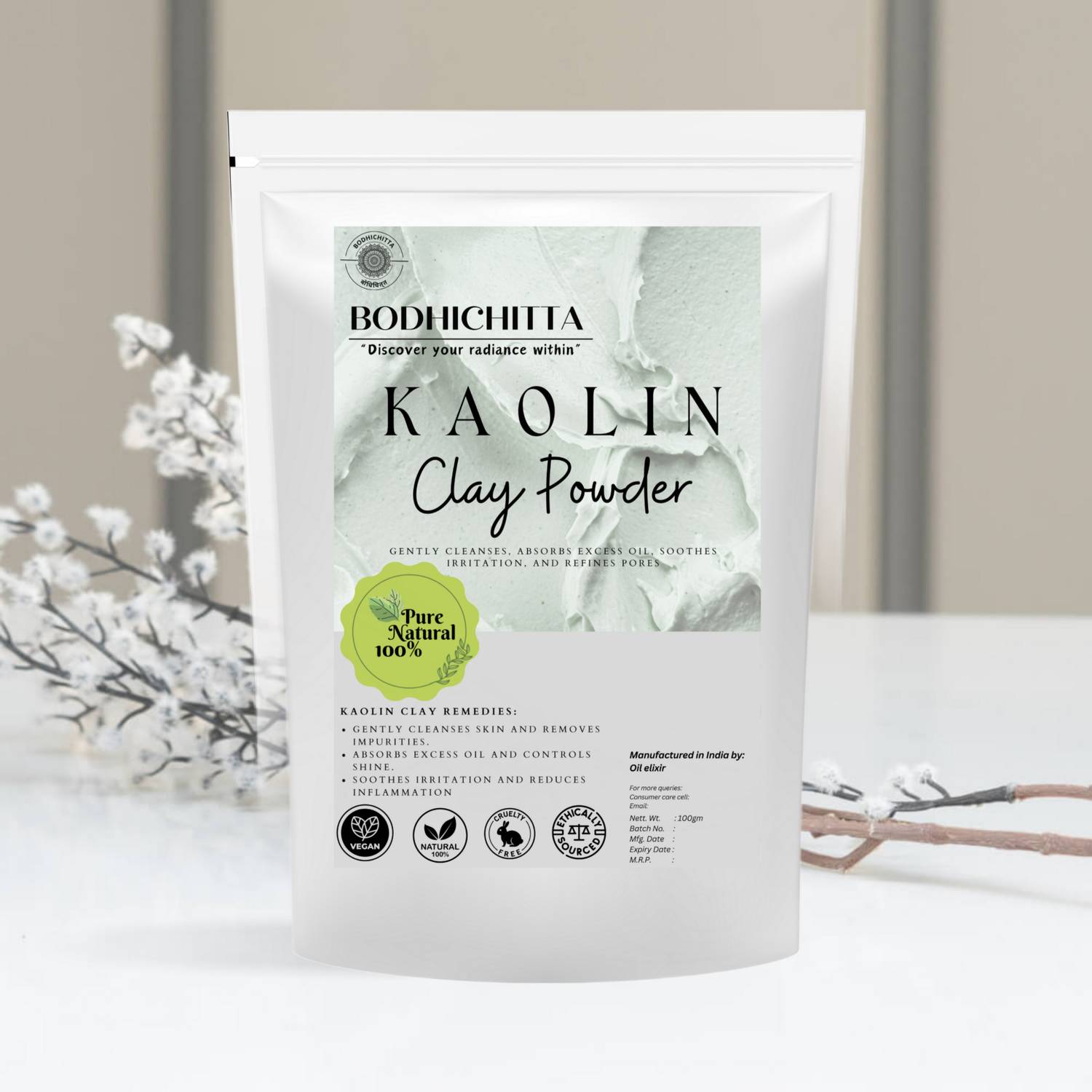 Bodhichitta Kaolin clay Powder Remove Excessive Oil & Dirt From Face 100% Natural & Organic