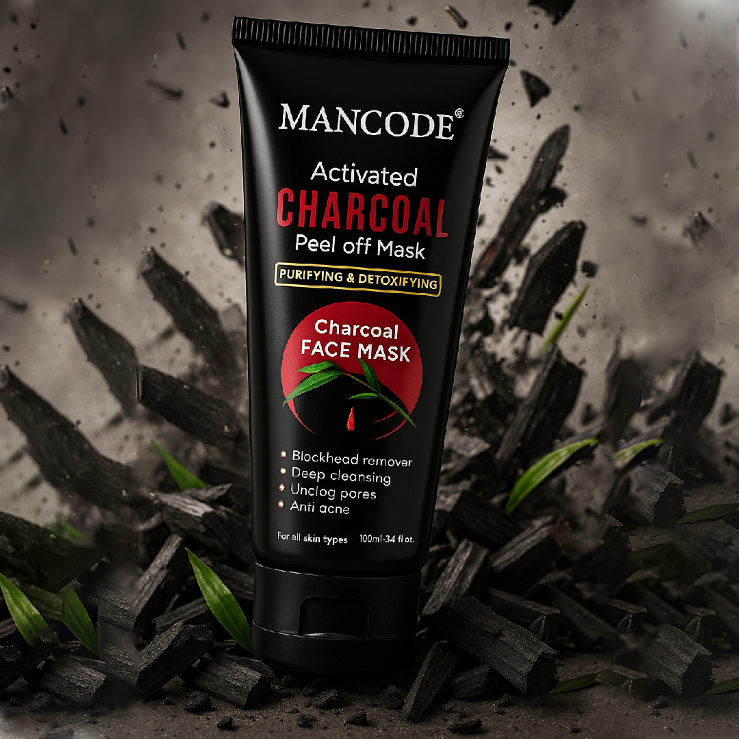 Image of MANCODE Charcoal Peel Off Mask for Men- 100gm, Detoxifies Skin, Deep Cleansing, Prevents Pore Clogging, Removes Blackheads, Enriched with Activated Charcoal, Aloe Vera and Gotukola Extract, Sulphate Free, PACK OF 1