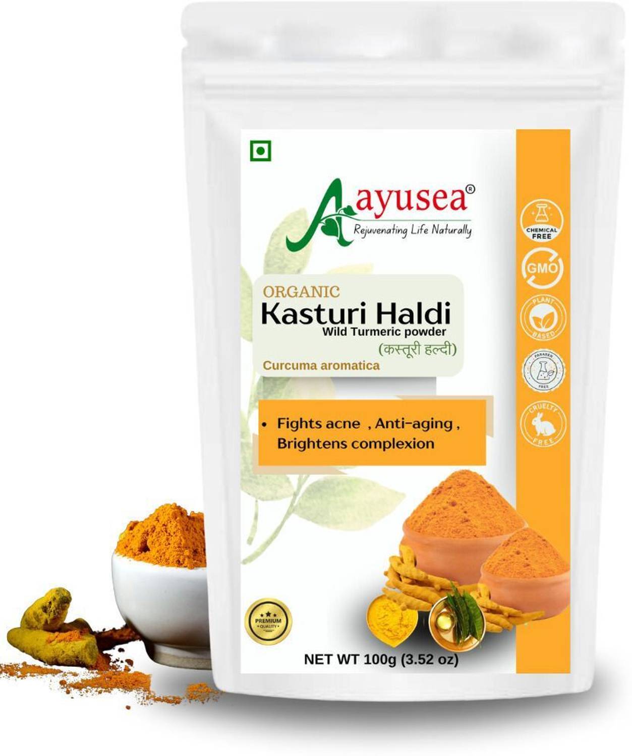 AYUSEA Pure Kasturi haldi powder for clear- glowing skin,acne-no artificial color-smell