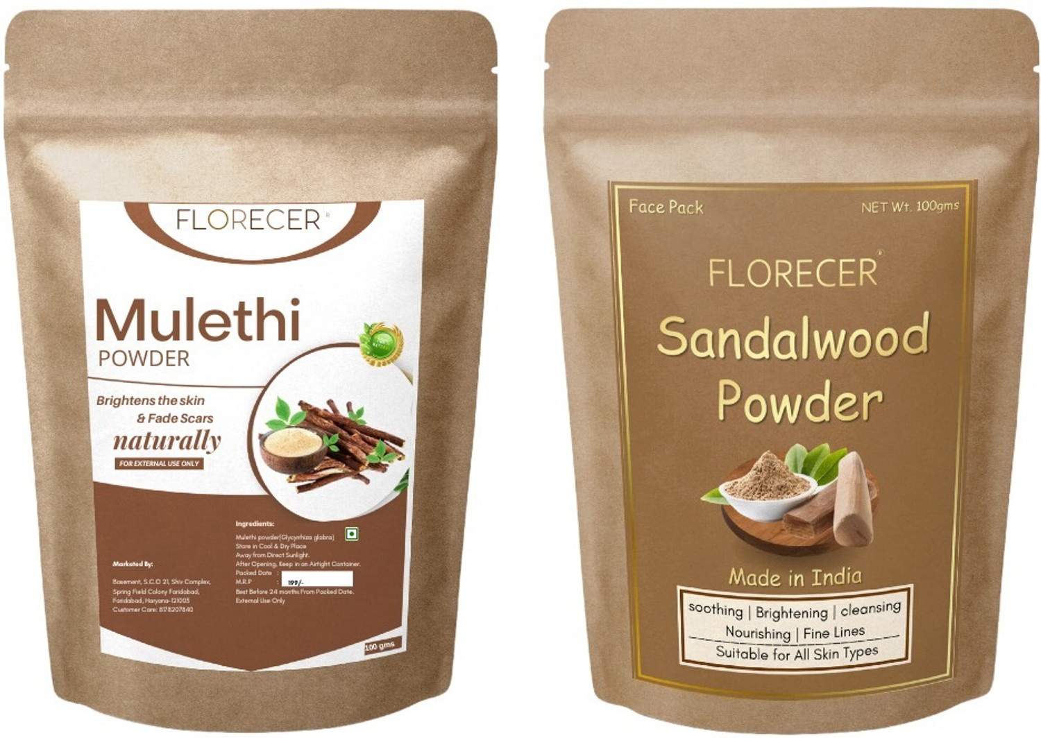 Image of FLORECER Organic Mulethi Powder For Face And Sandalwood Powder