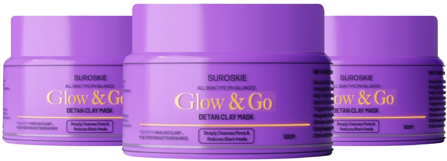 Image of Suroskie Glow & Go De-tan Clay Face Mask 50gm(Pack of 3) With Kaolin Clay & Kojic Extract