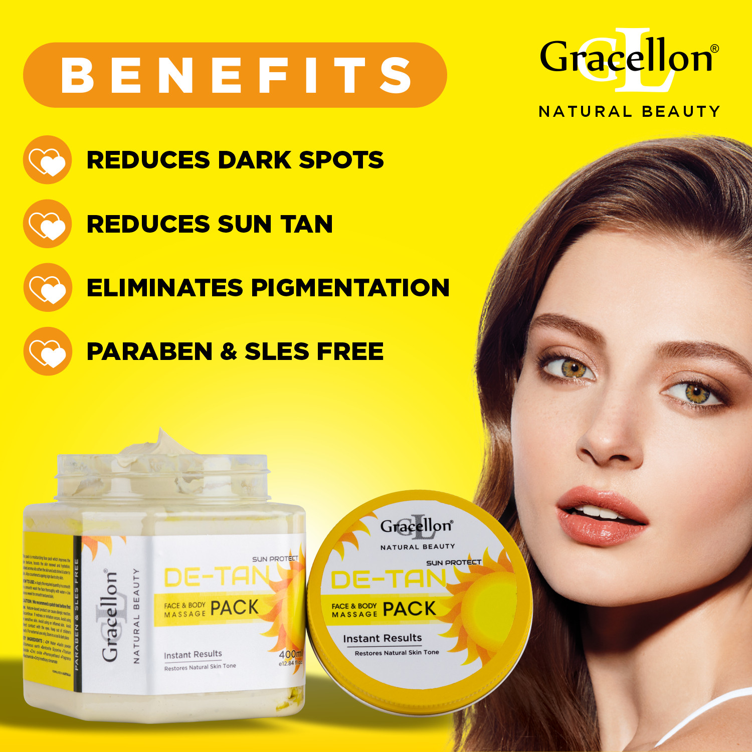 Image of Gracellon De-Tan Face and Body Massage Pack | Reduces Dark Spots | Reduces Sun Tan (400 ml)