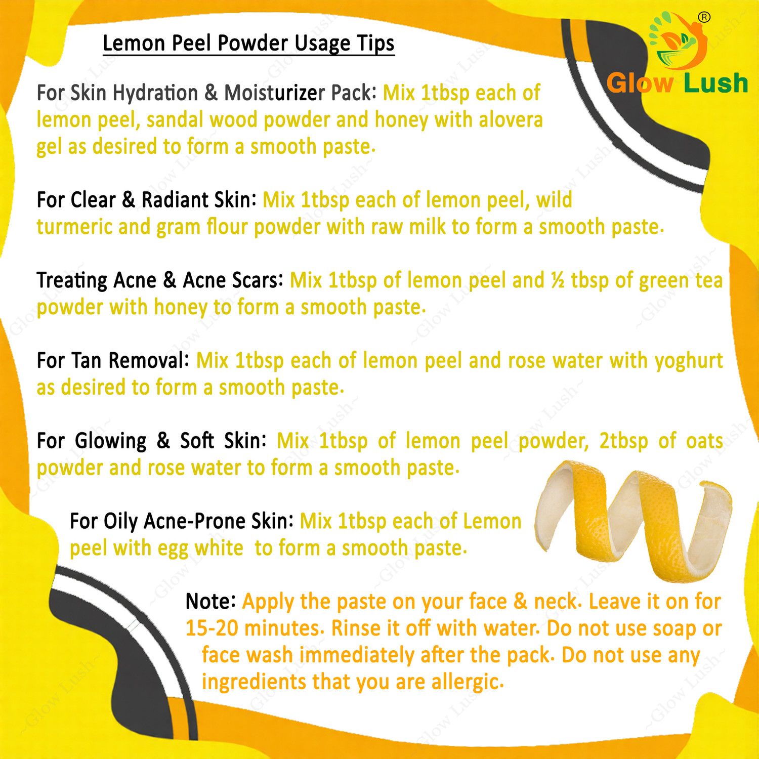 Image of Glow Lush Lemon Peel Powder (125 g) for Skin & Face - for Tan Removal & skin whitening