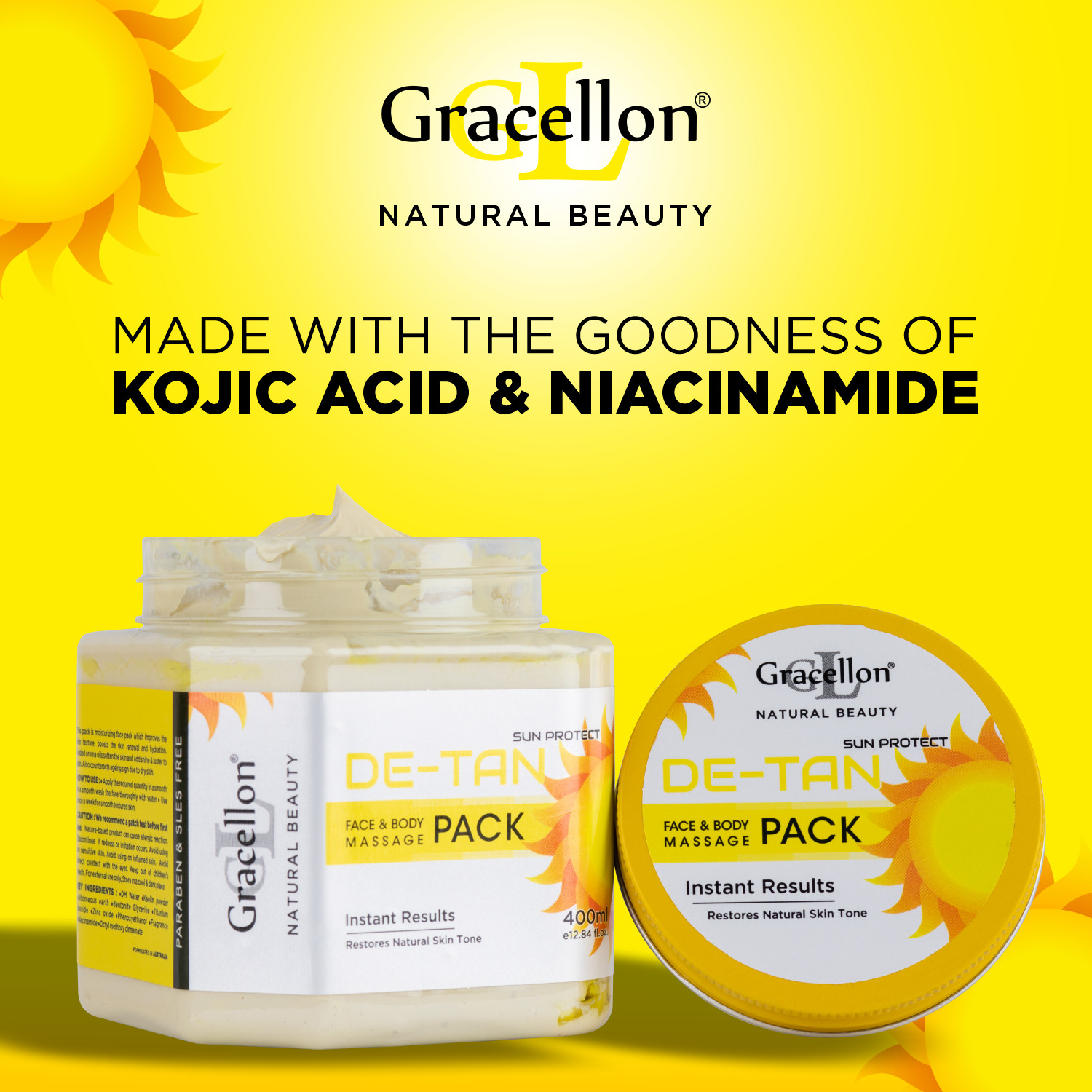 Image of Gracellon De-Tan Face and Body Massage Pack | Reduces Dark Spots | Reduces Sun Tan (400 ml)