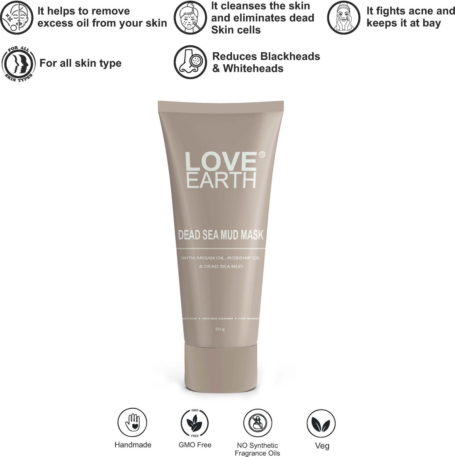 Image of LOVE EARTH Dead Sea Mud Mask with Argan Oil and Rosehip Oil For Acne, Deep Skin Cleaning