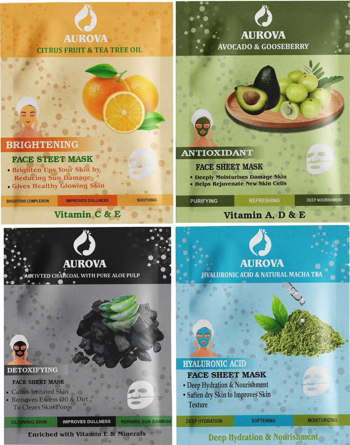 AUROVA Facial sheet Mask for Skin Glowing for Women and Men Combo Pack of 4
