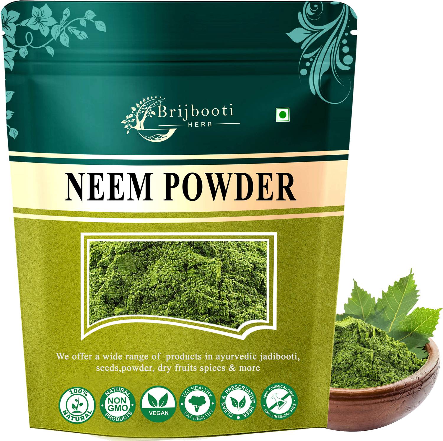 BrijBooti Pure & Natural Neem Leaves Powder | Neem Powder for face pack, skin, hair, teeth