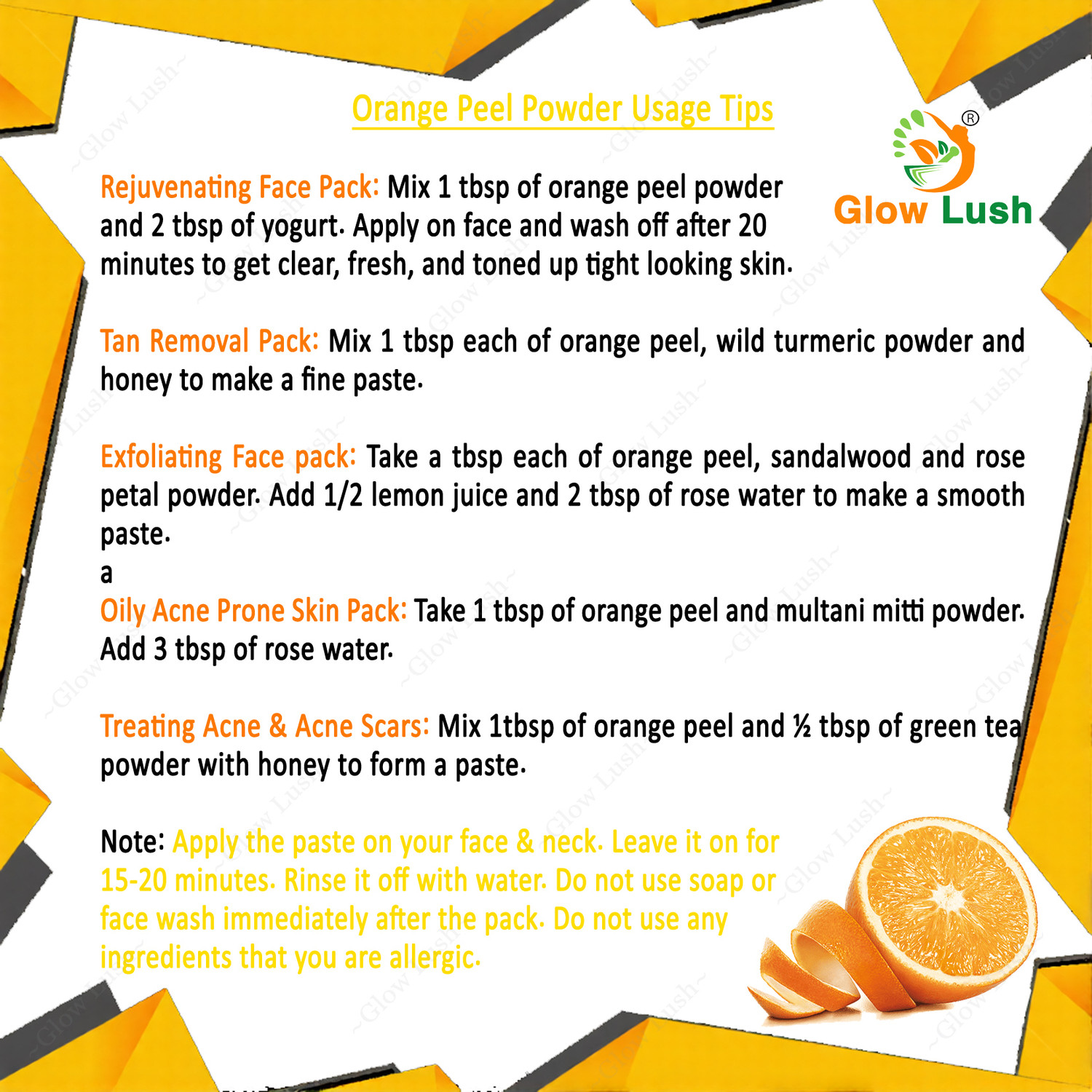 Image of Glow Lush Orange Peel Powder (125 g) for Skin & Face - for Tan Removal & skin whitening