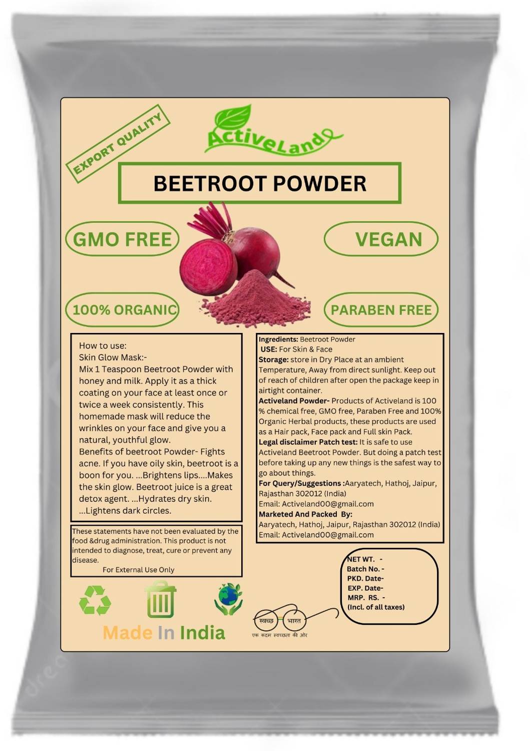 Activeland Natural & Pure BeetRoot Powder For Skin & Rosy Cheeks, Glowing Skin & Face Pack