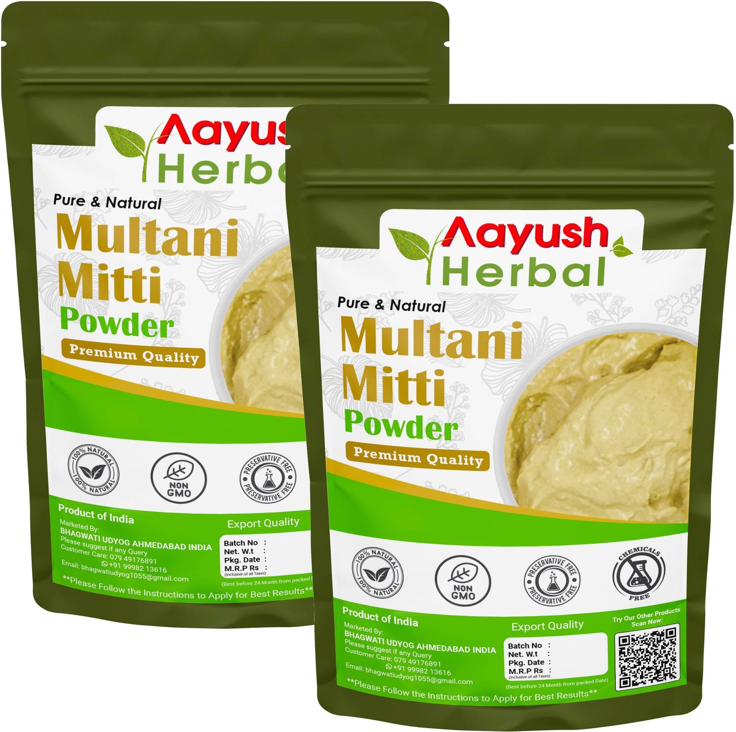 Aayush Herbal MULTANI MITTI POWDER (With Rose petals & Turmeric) FOR Face & Hair 100% BEST QUALITY :100gX2 " PACK OF 2