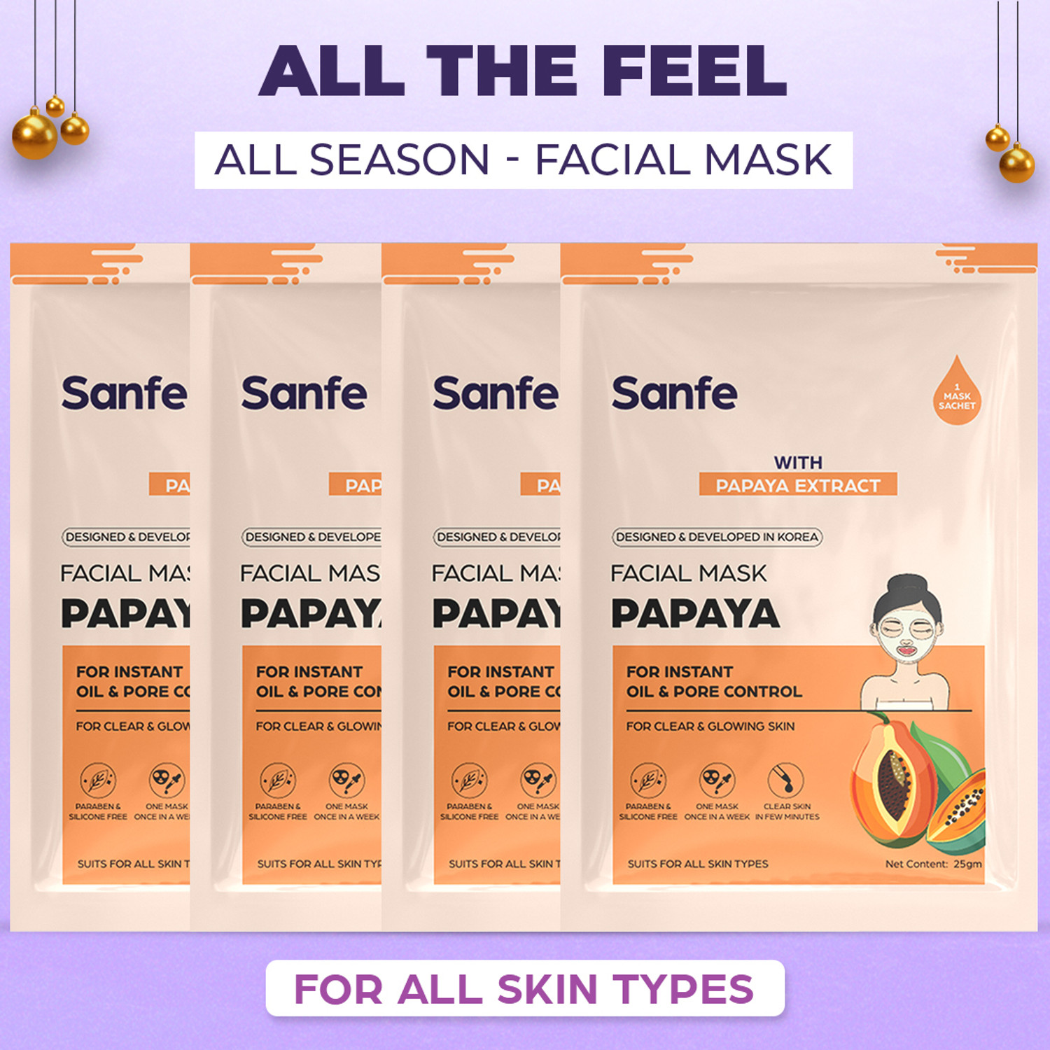 Image of Sanfe Papaya Face Sheet Mask 25gm Pack of 4| For radiant & glowing skin (25 g)