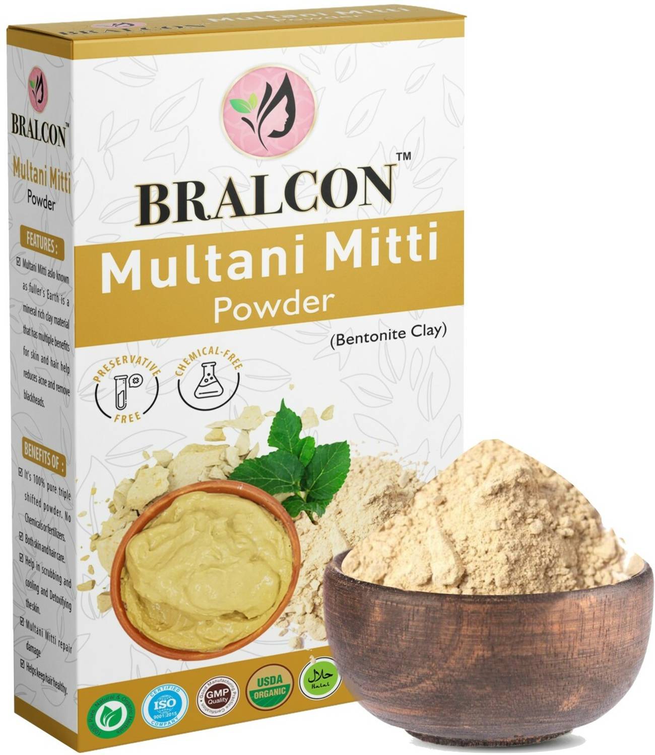 BRALCON Organic Multani Mitti Powder -100g | for Face Pack, Face Mask, Hair & Skin Care