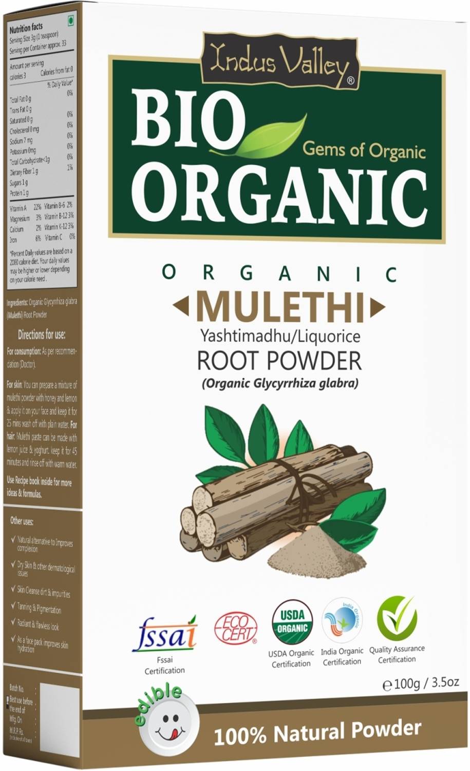 Indus Valley Natural Organic Mulethi Powder 100g - Image 1