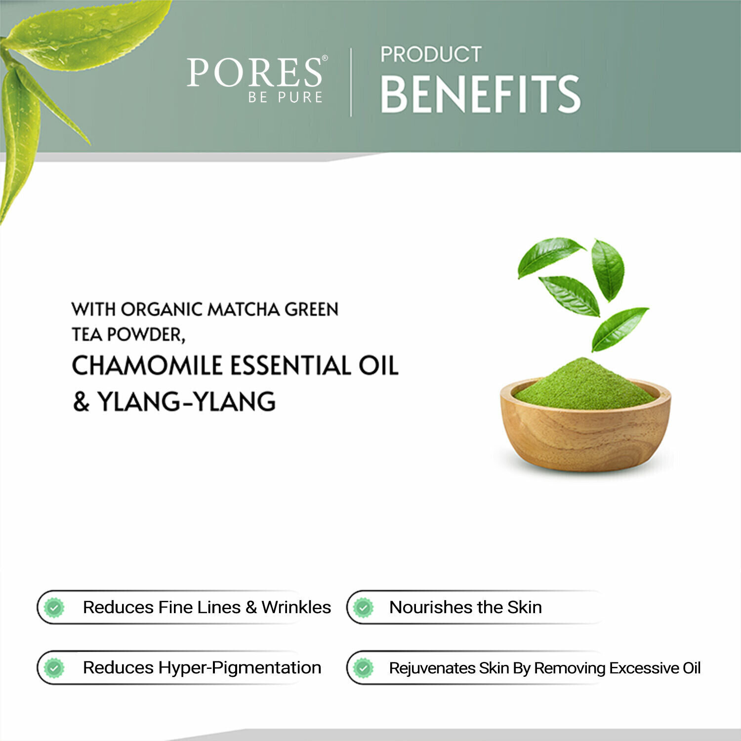Image of PORES BE PURE Matcha Green Tea Face Pack Mask for Skin Brightening, Softening & Smoothening