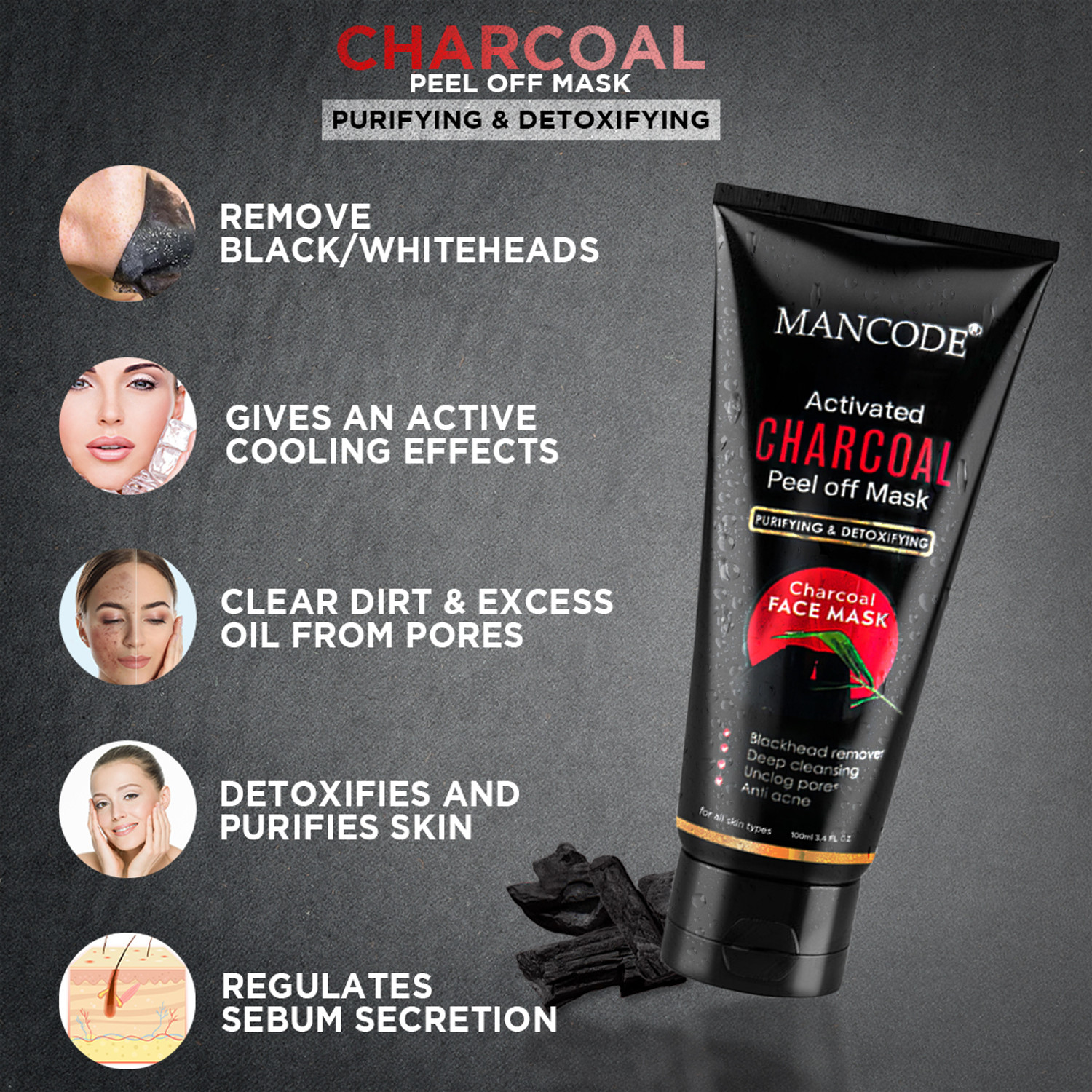 Image of MANCODE Charcoal Peel Off Mask for Men- 100gm, Detoxifies Skin, Deep Cleansing, Prevents Pore Clogging, Removes Blackheads, Enriched with Activated Charcoal, Aloe Vera and Gotukola Extract, Sulphate Free, PACK OF 1