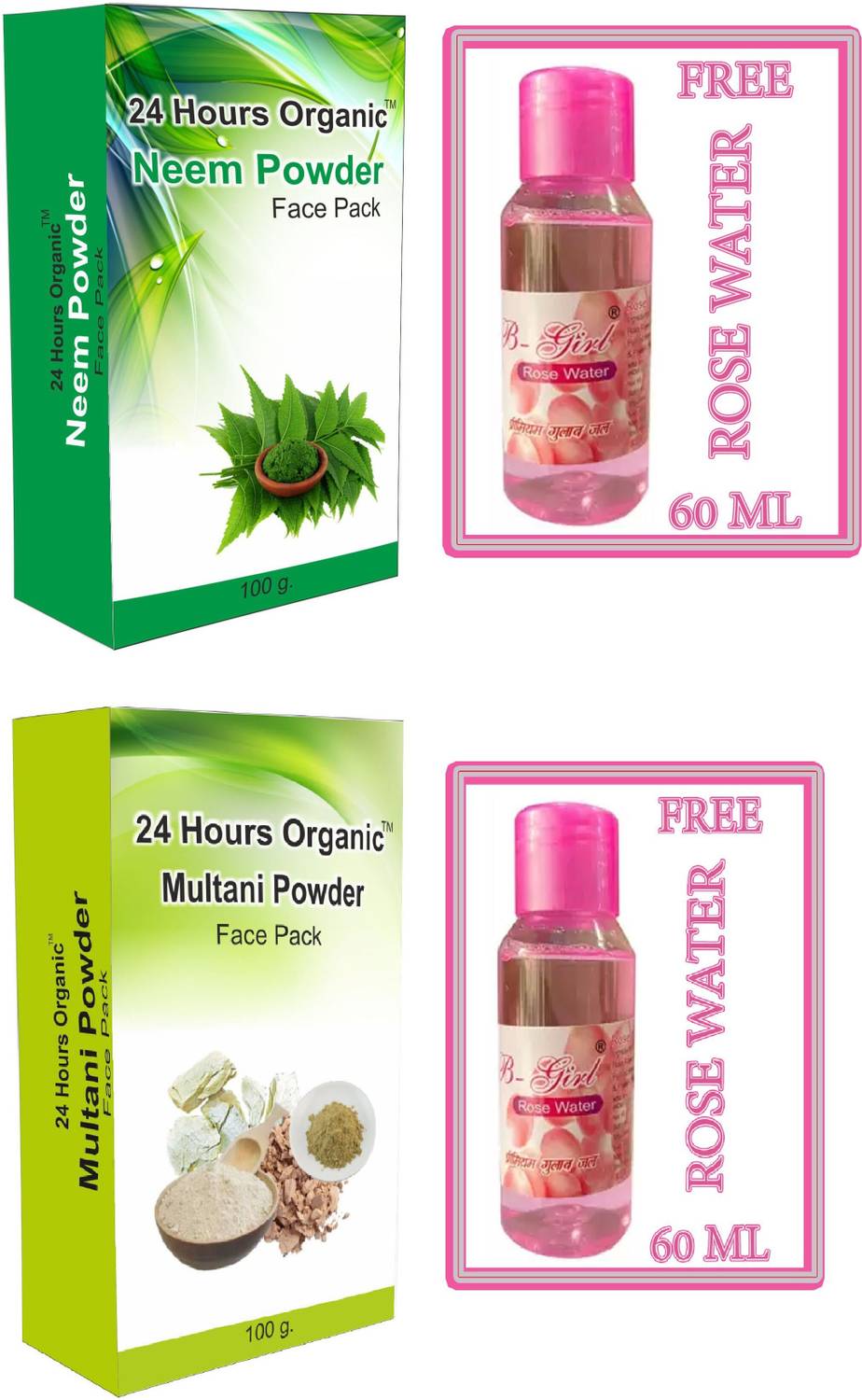 24 Hours Organic Multani Mitti - Neem Leaf Ayurvedic Face Powder - Face Pack Combo/Premium Herbal Skin Care Pack