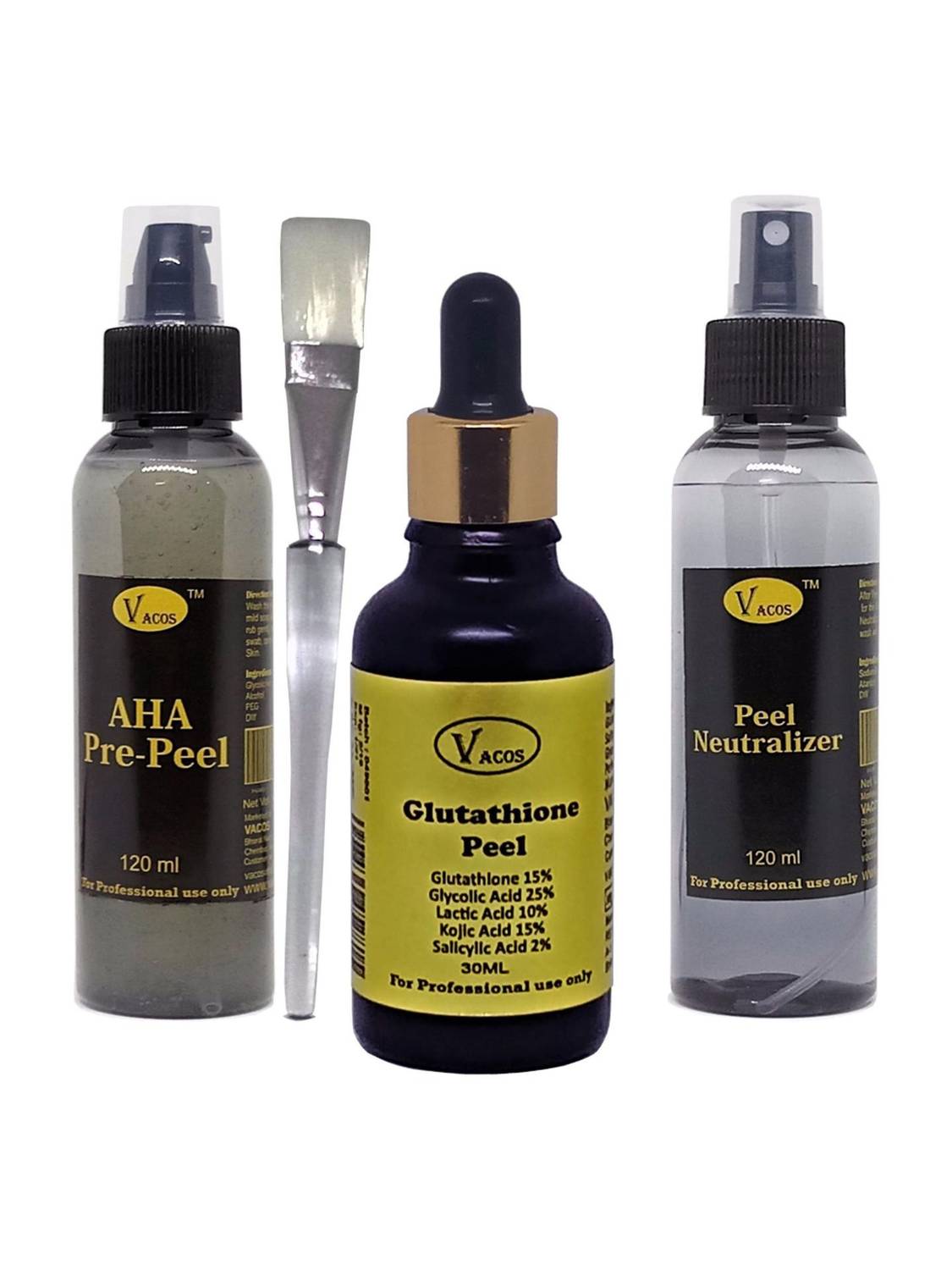 VACOS Glutathione Peel 30 ml Glutathione 15%, Glycolic 25%, Kojic 15%, Lactic 10%, Salicylic 2%, with Pre Peel , Neutralizer, Brush Price in India