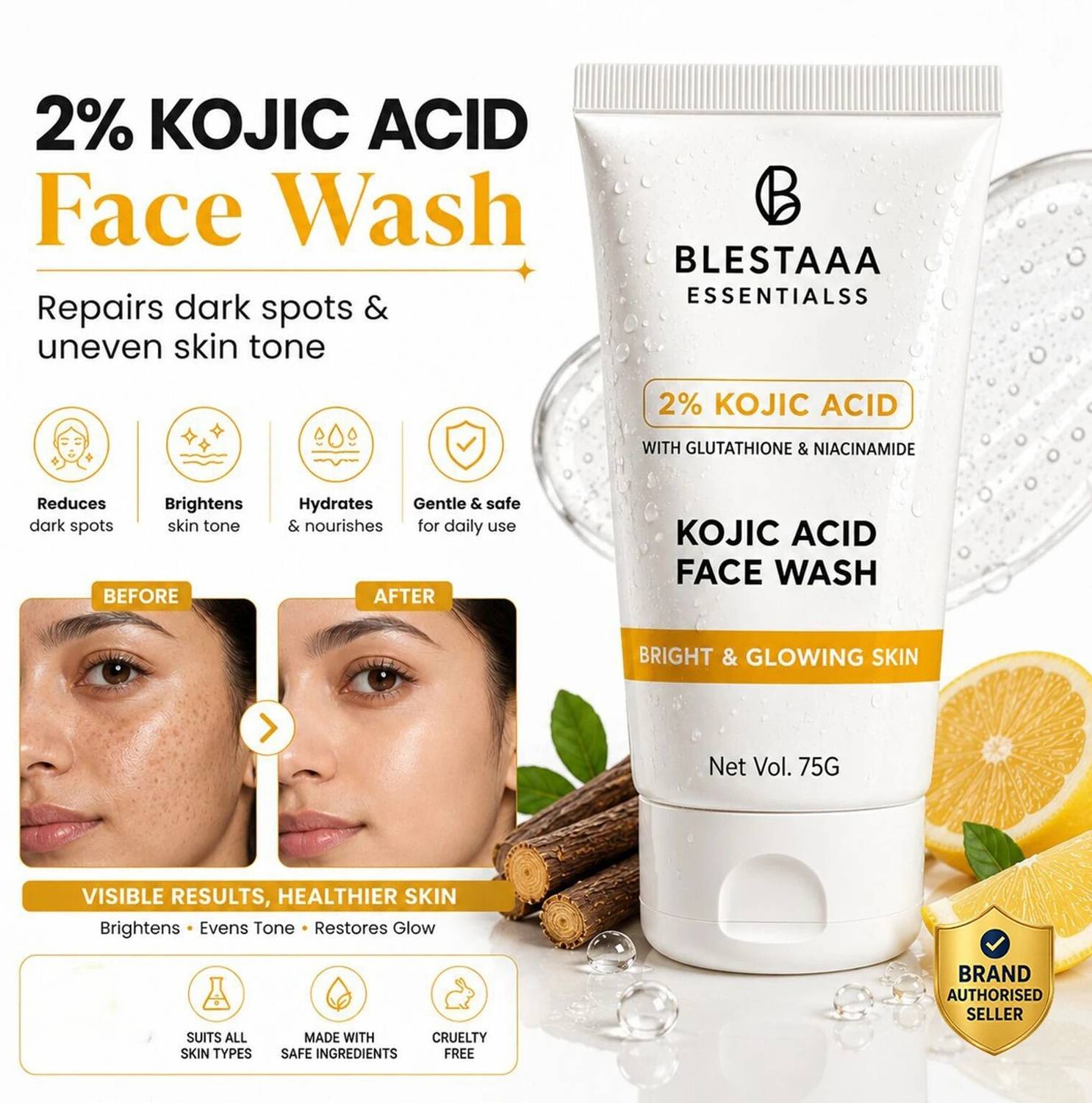 blestaaa essentialss 2% Kojic Acid with Niacinamide Glutathione Fades Dark Spots & Evens Skin Tone Face Wash
