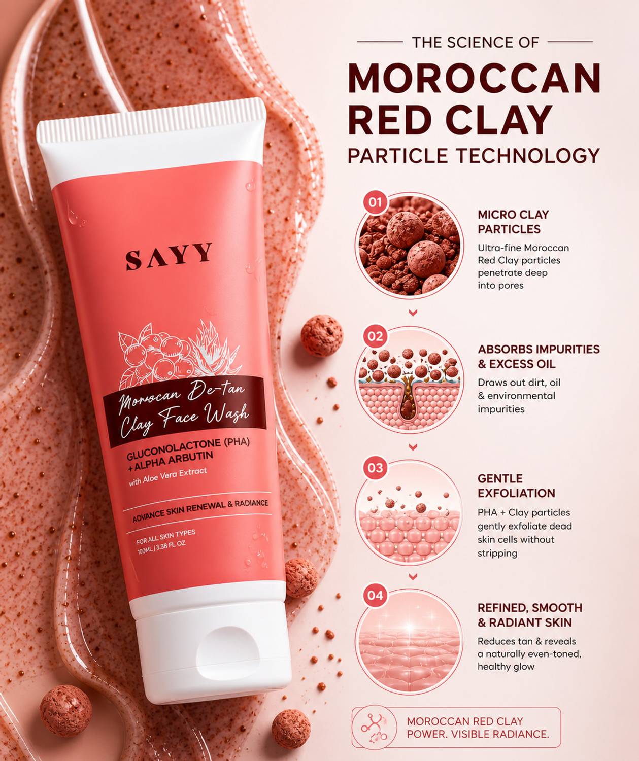 SAYY Moroccan De-Tan Facewash, Clay with PHA & Alpha Arbutin, 100 ml - Image 2