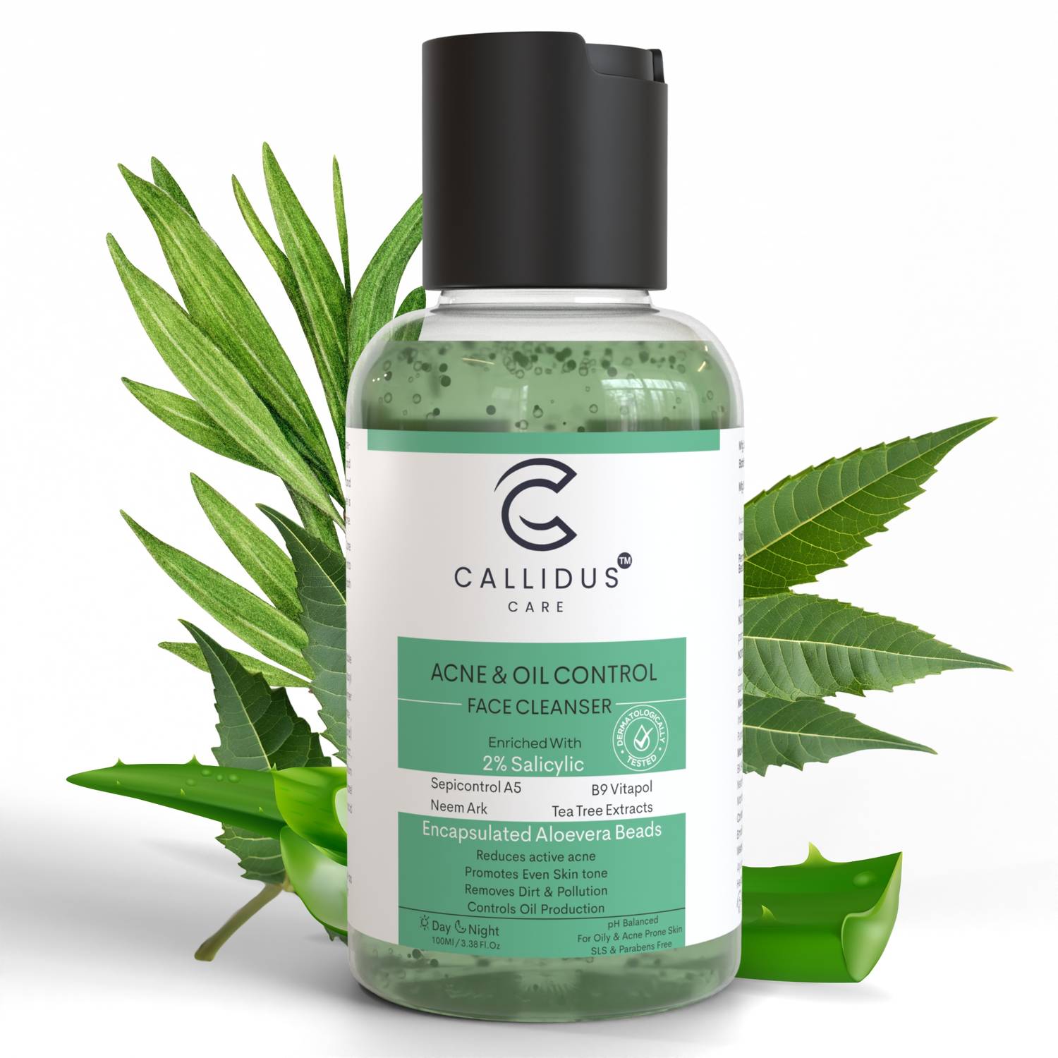 CALLIDUS CARE Acne & Oil Control Face Cleanser with 2% Salicylic Acid, Aloe Vera Beads, Sepicontrol A5, B9 Vitapol, Neem Ark & Tea Tree | Fights Acne, Clears Blemishes, Reduces Oil | 100ml, pH Balanced Face Wash