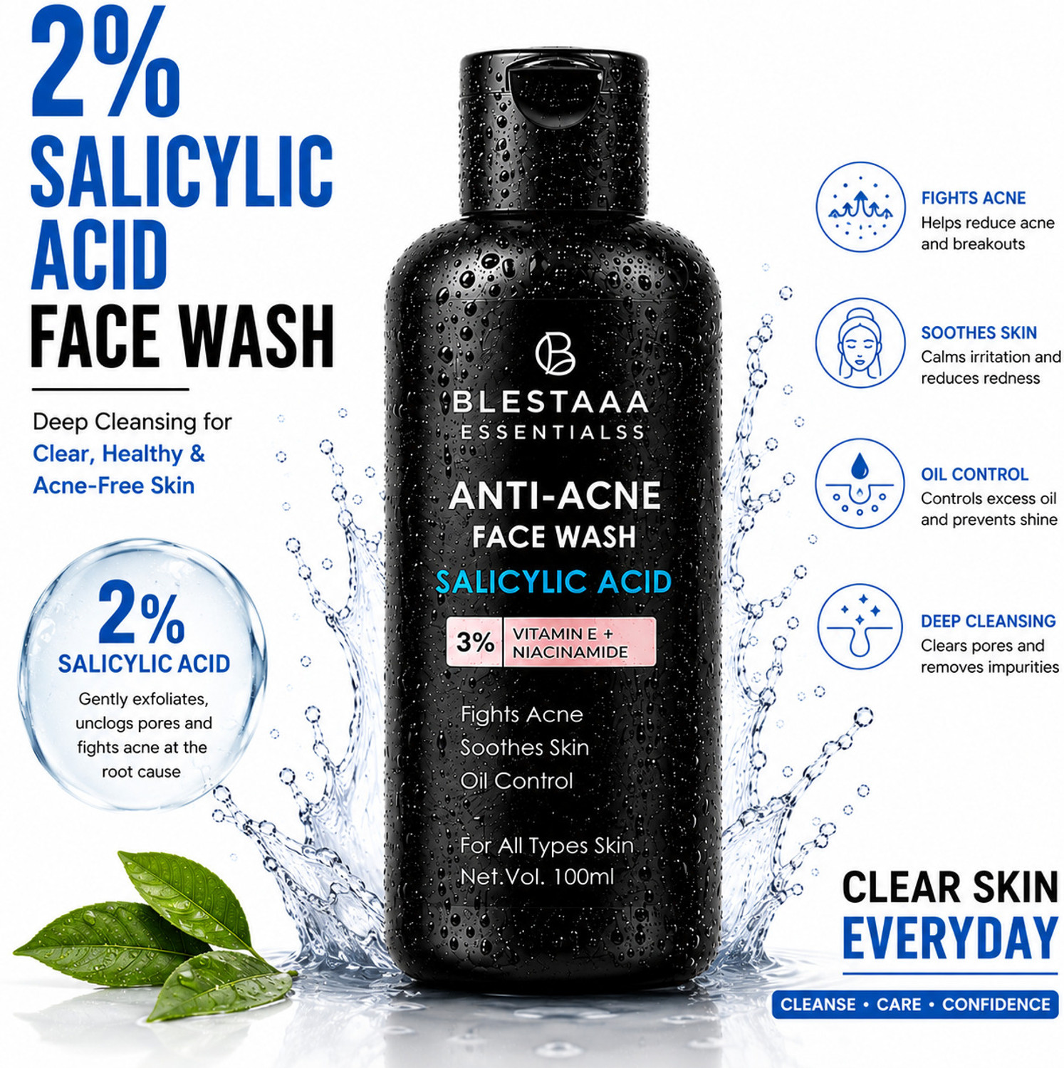 Image of blestaaa essentialss 2% Salicylic Acid For Oily Skin Anti Face Cleanser With Niacinamide & Vitamin E For Acne Face Wash