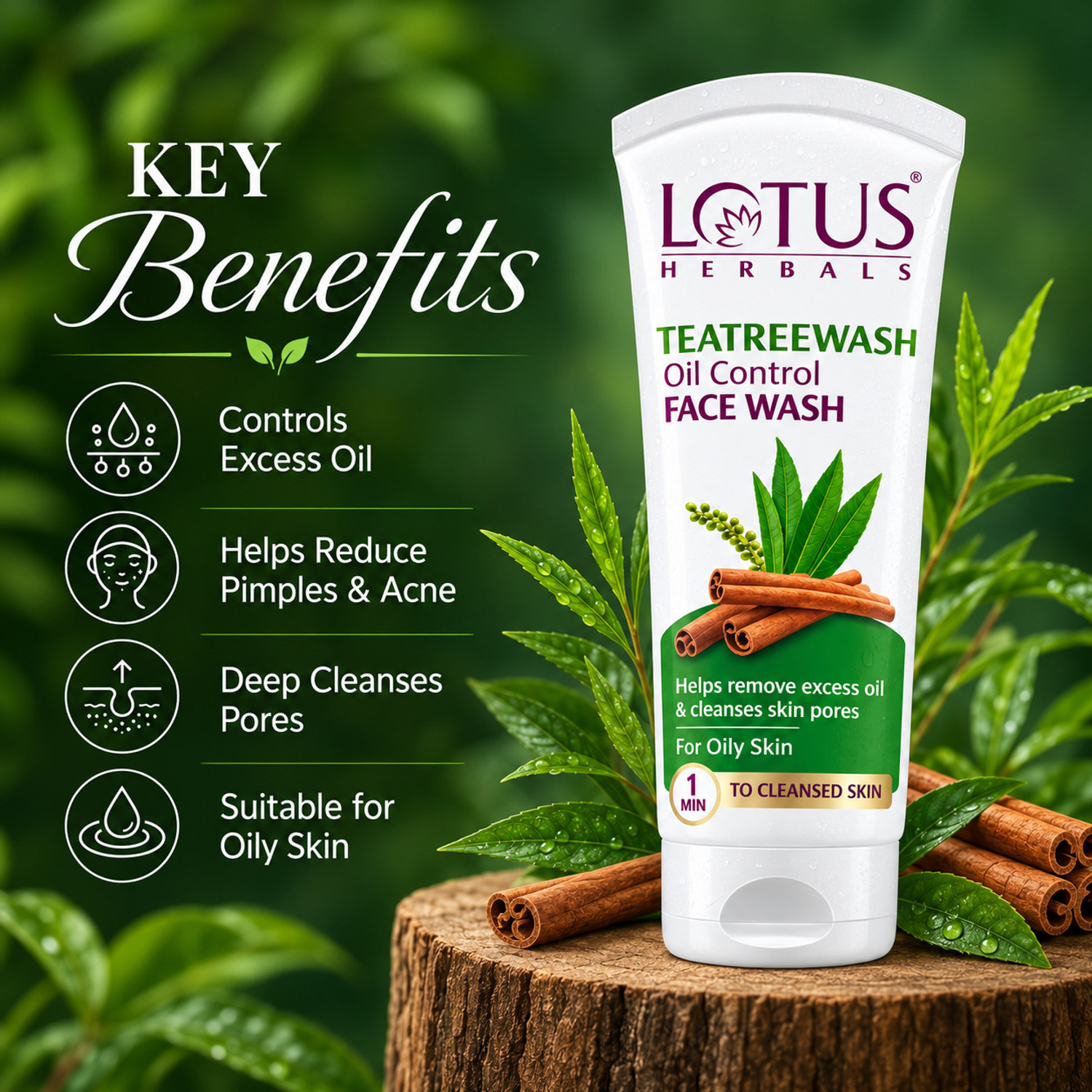 Image of LOTUS HERBALS Teatreewash | with Tea Tree Oil & Cinnamon | Anti Acne | Oil Control | Face Wash