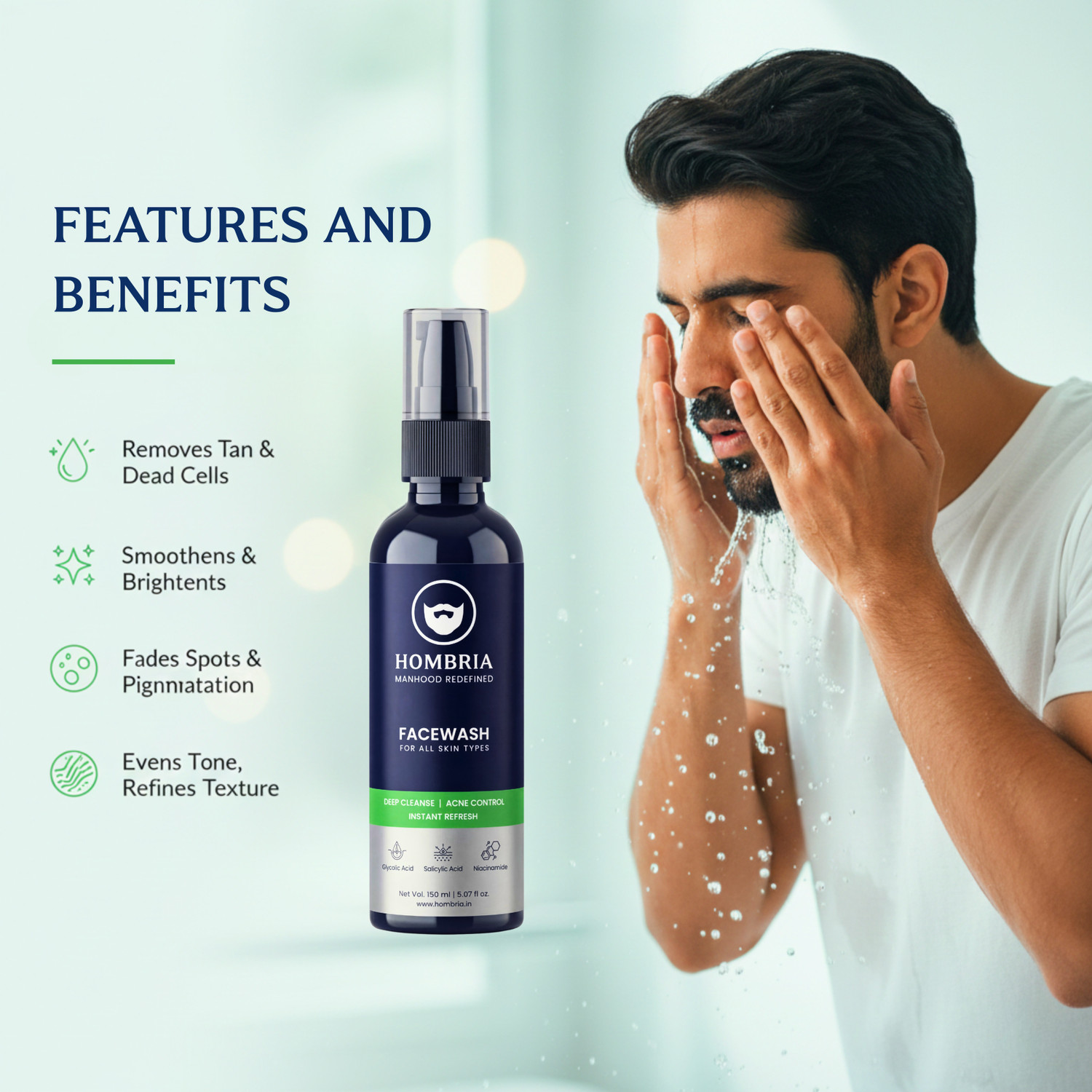 Image of HOMBRIA Facewash for Men, Anti Acne & Pimple, Deep Clean, Brightening, All Skin Types Face Wash