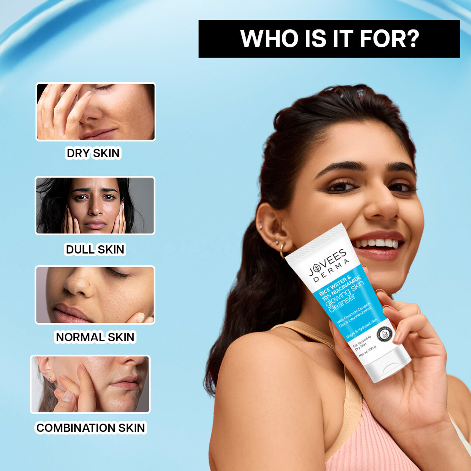 Image of JOVEES Derma Rice Water & 10% Niacinamide Glowing Skin Cleanser | Brightens, Helps Fade Blemishes & Even Tone | Softens & Smoothens Skin | Gentle For All Skin Type | For Men & Women Face Wash
