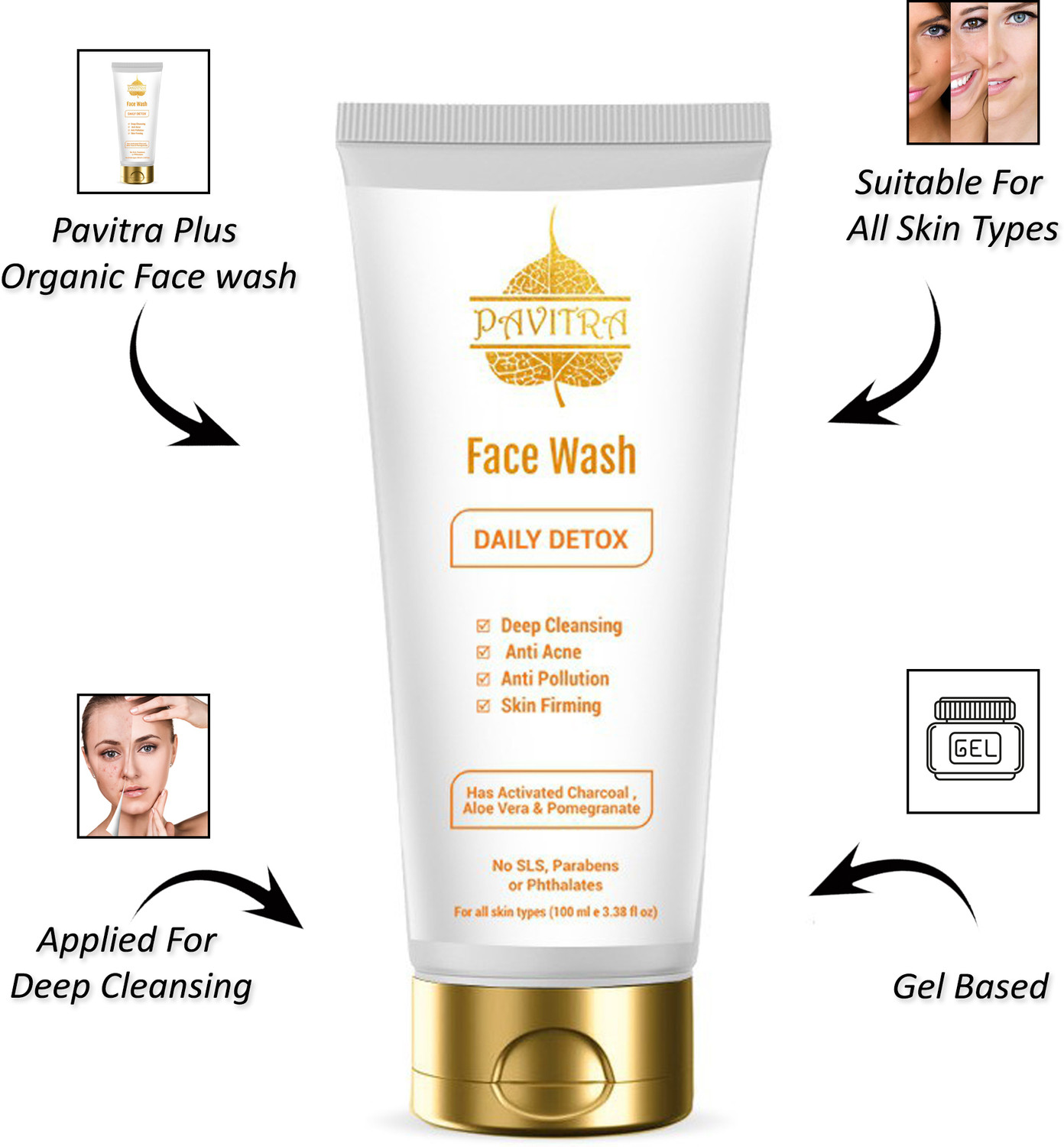 Image of PavitraPlus Organic Charcoal Face wash with Acne Oil & Pollution Control Face Wash