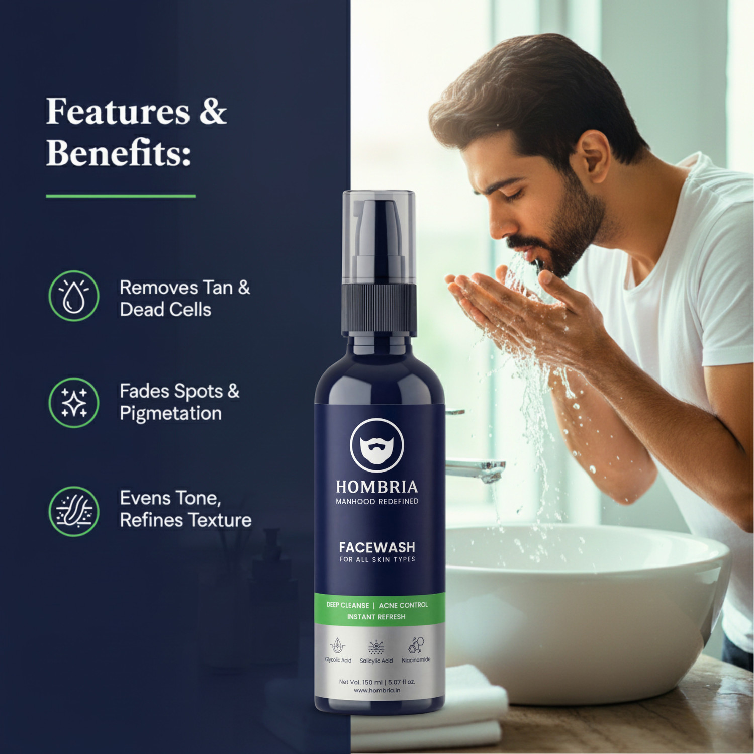 Image of HOMBRIA Facewash for Men, Fights Acne & Pimple, Oil Control, Brightening, All Skin Types Face Wash