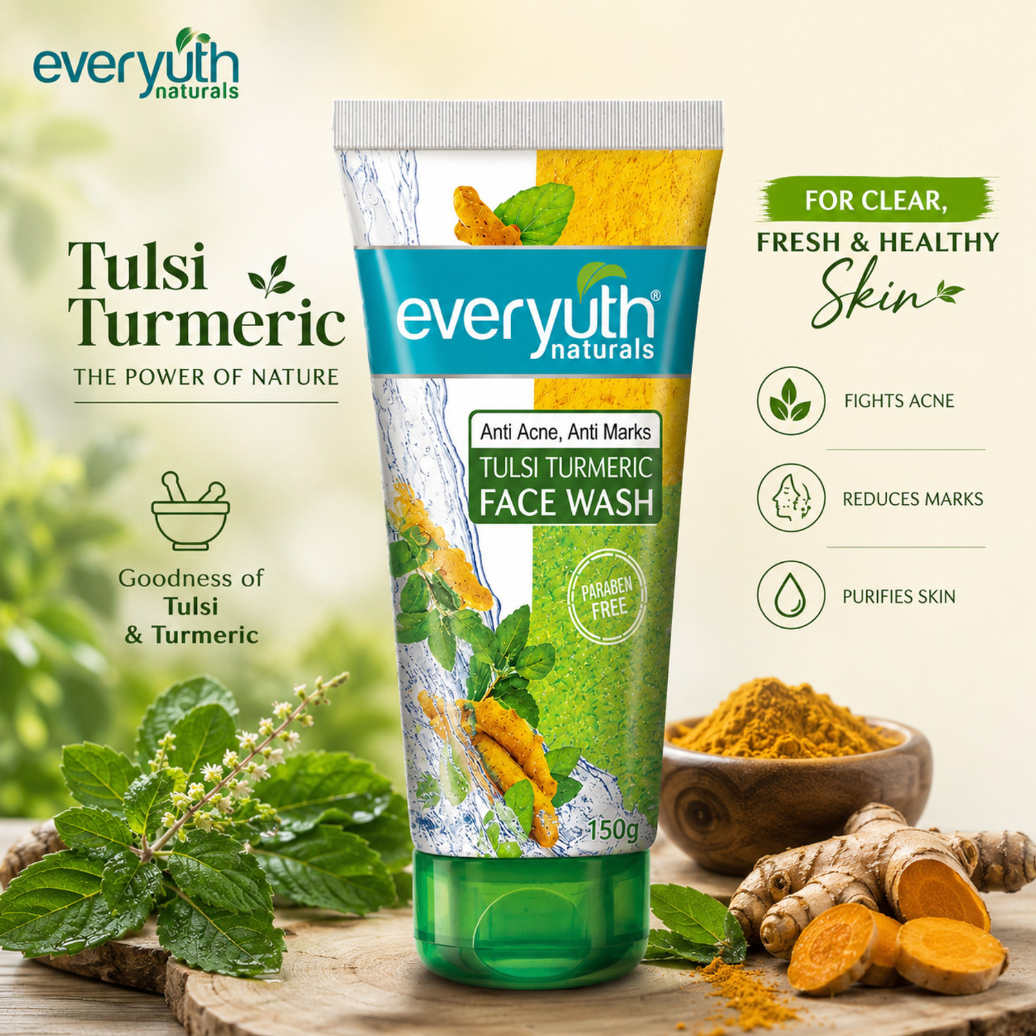 Image of Everyuth Naturals Anti Acne Anti Marks Tulsi Turmeric Gentle Exfoliation&Blemish Control (300 g) Face Wash