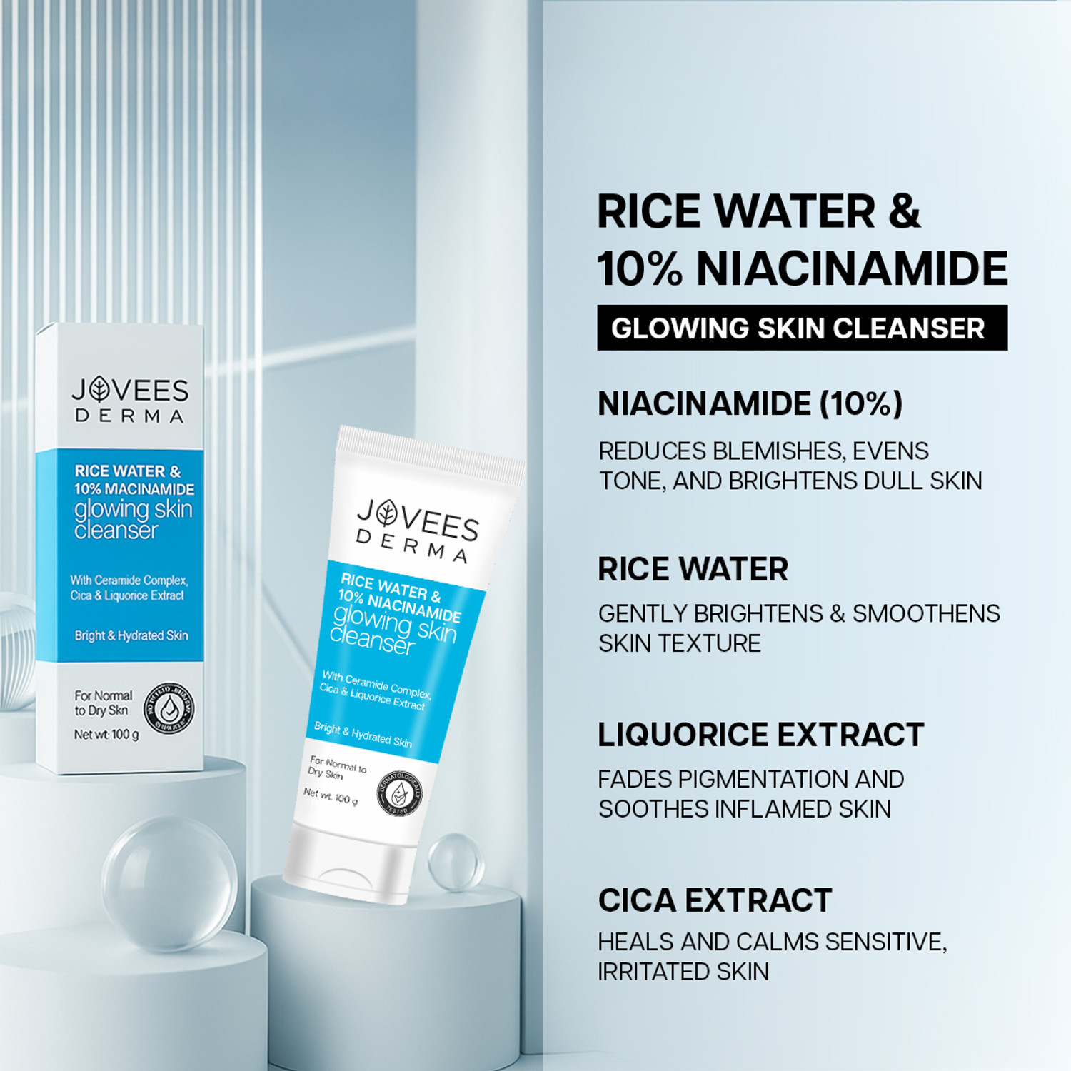 Image of JOVEES Derma Rice Water & 10% Niacinamide Glowing Skin Cleanser | Brightens, Helps Fade Blemishes & Even Tone | Softens & Smoothens Skin | Gentle For All Skin Type | For Men & Women Face Wash