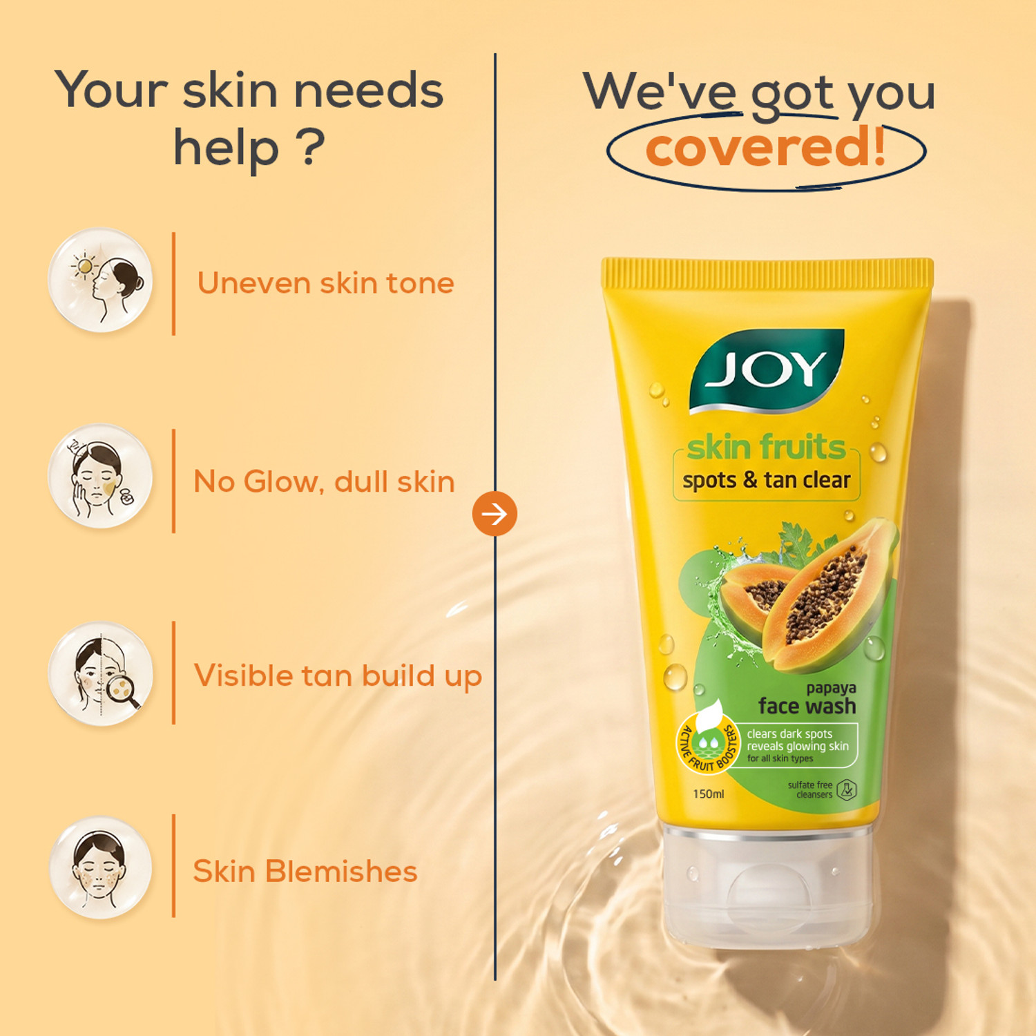 Image of Joy Skin Fruits Spots & Tan Clear Papaya facewash Men & Women All Skin Types Face Wash