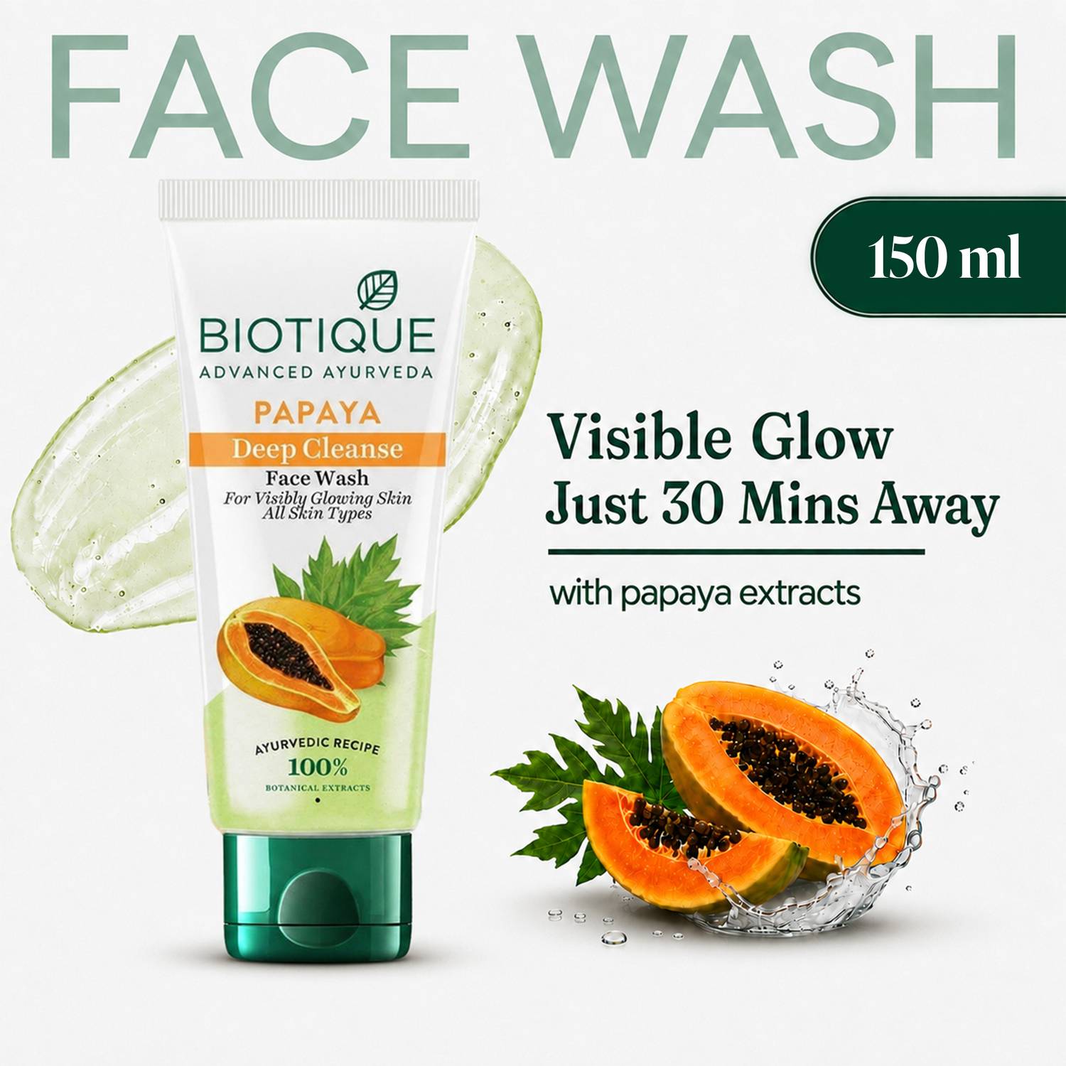 BIOTIQUE Papaya Deep Cleanse | Gentle Exfoliation | Visibly Glowing Skin | 100% Botanical Extracts| Suitable for All Skin Types | 150ml Face Wash