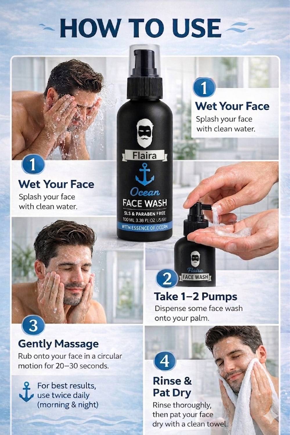 Flaira Ocean Cooling Men's Face Wash 100 ml - Image 3