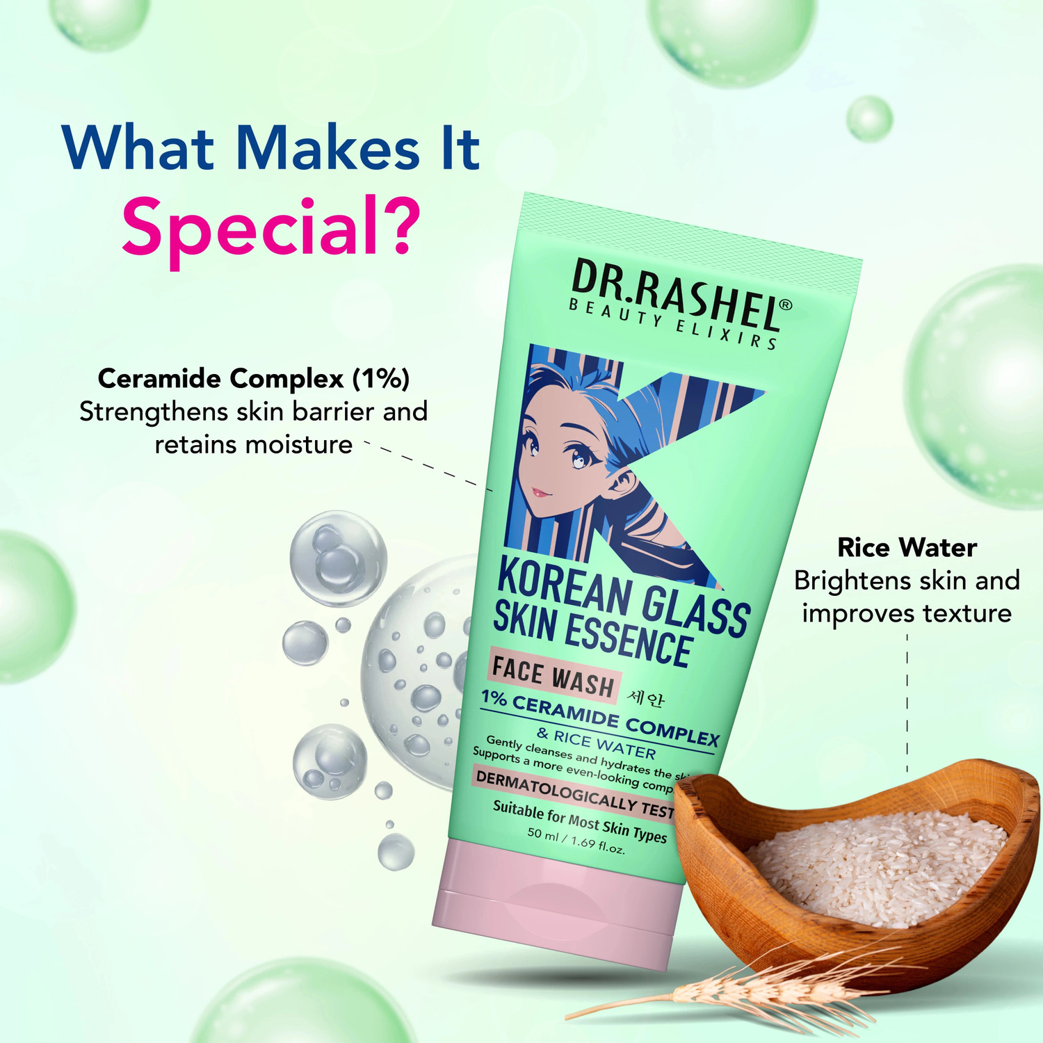 Image of DR.RASHEL Korean Face wash with 1% ceramide and rice water for Glass skin Face Wash
