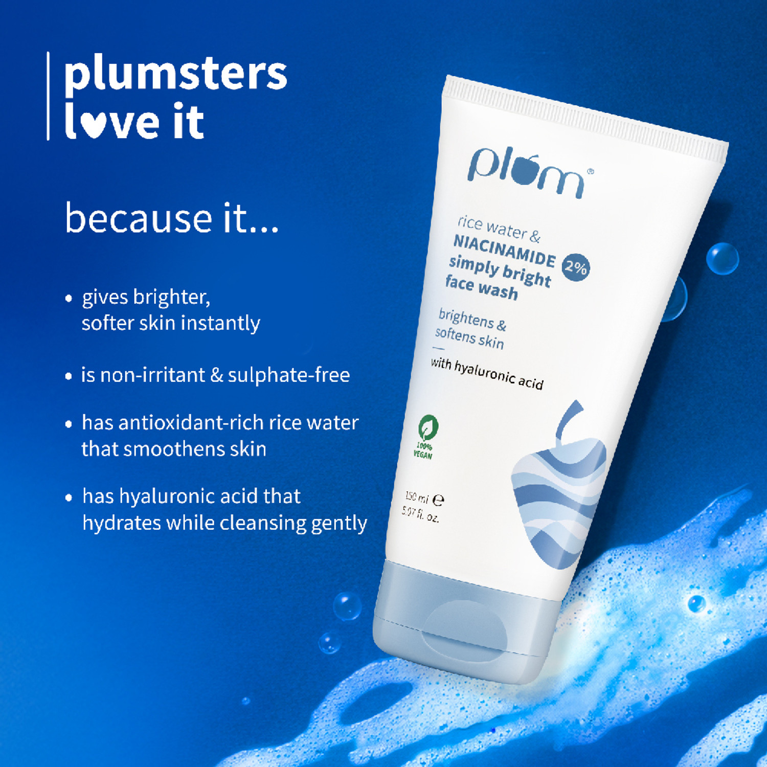 Image of Plum Rice Water & 2% Niacinamide Dermat-tested , Gentle & Non-drying (300 ml)| Men and Women Face Wash