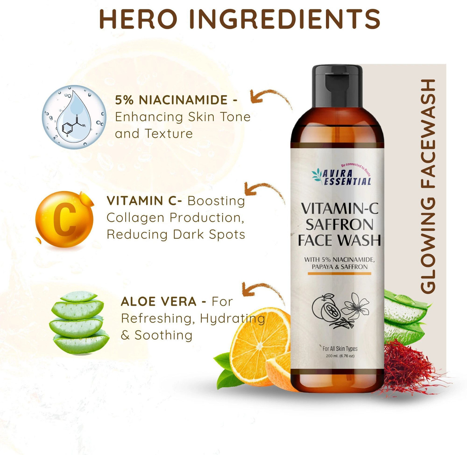 Image of Avira Essential Vitamin C Saffron Cleanser 5% Niacinamide| Skin Brightening, Glow & Tan Removal Face Wash