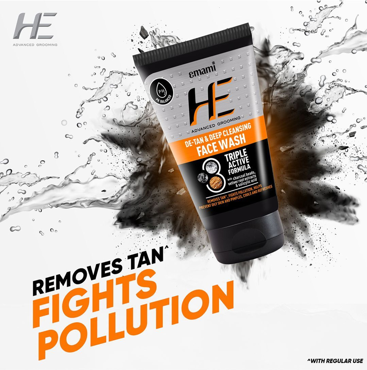 Image of HE De-Tan & Refreshing Cleanser for Men with Charcoal, Prevents Pimple Face Wash