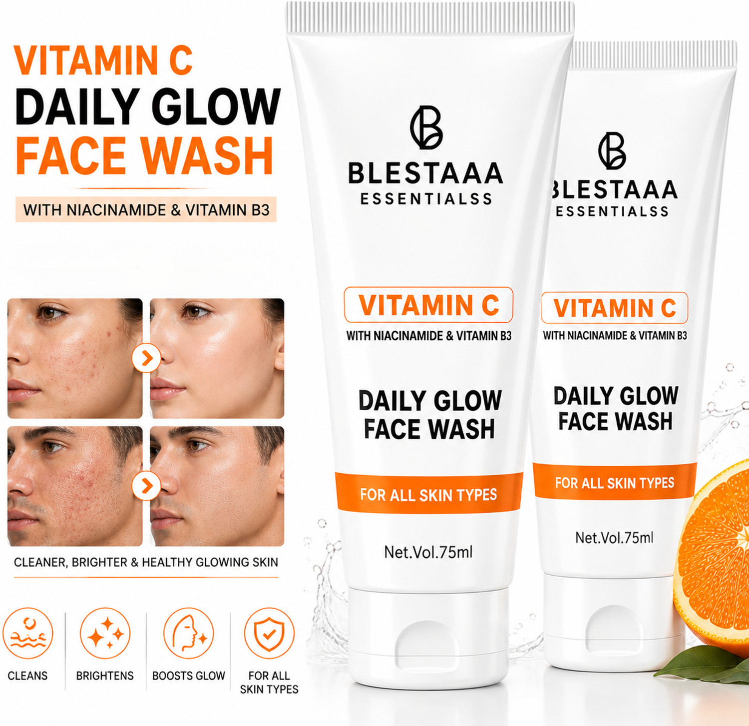 Image of blestaaa essentialss Vitamin C Glow & Nourish With Niacinamide & Vitamin E | Bright Skin | Face Wash