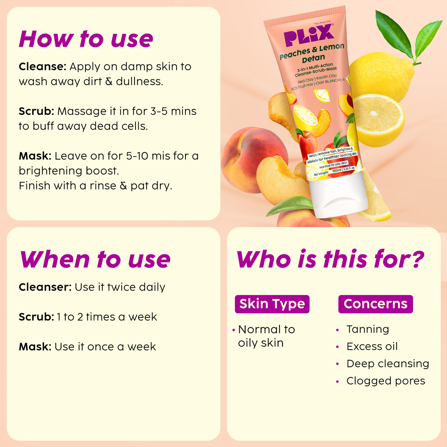 Image of The Plant Fix Plix Peaches & Lemon 3-in-1 Detan Face wash, Scrub & Mask, Red Clay & Kaolin Clay Face Wash