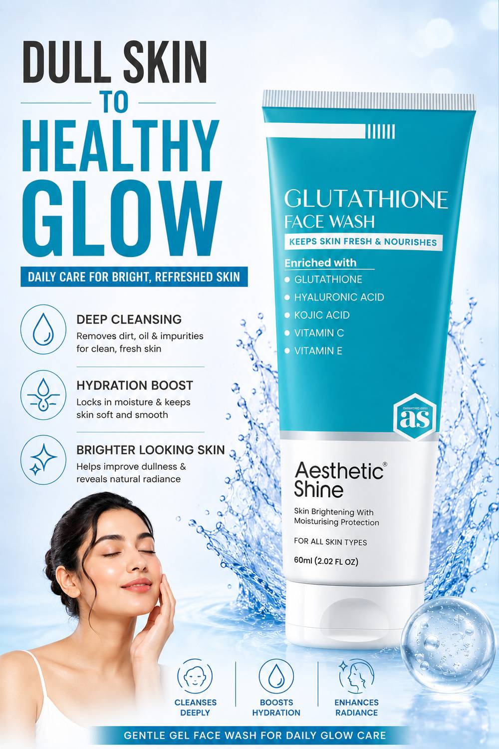 Aesthetic Shine L-Glutathione Face Wash with Hyaluronic Acid, Kojic Acid, Vitamin C & E
