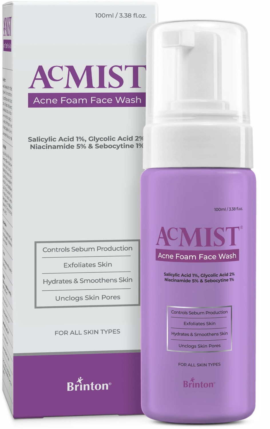 Image of Brinton Acmist Foam for Acne | Controls Sebum, Unclogs Pores, Smoothens Skin Face Wash