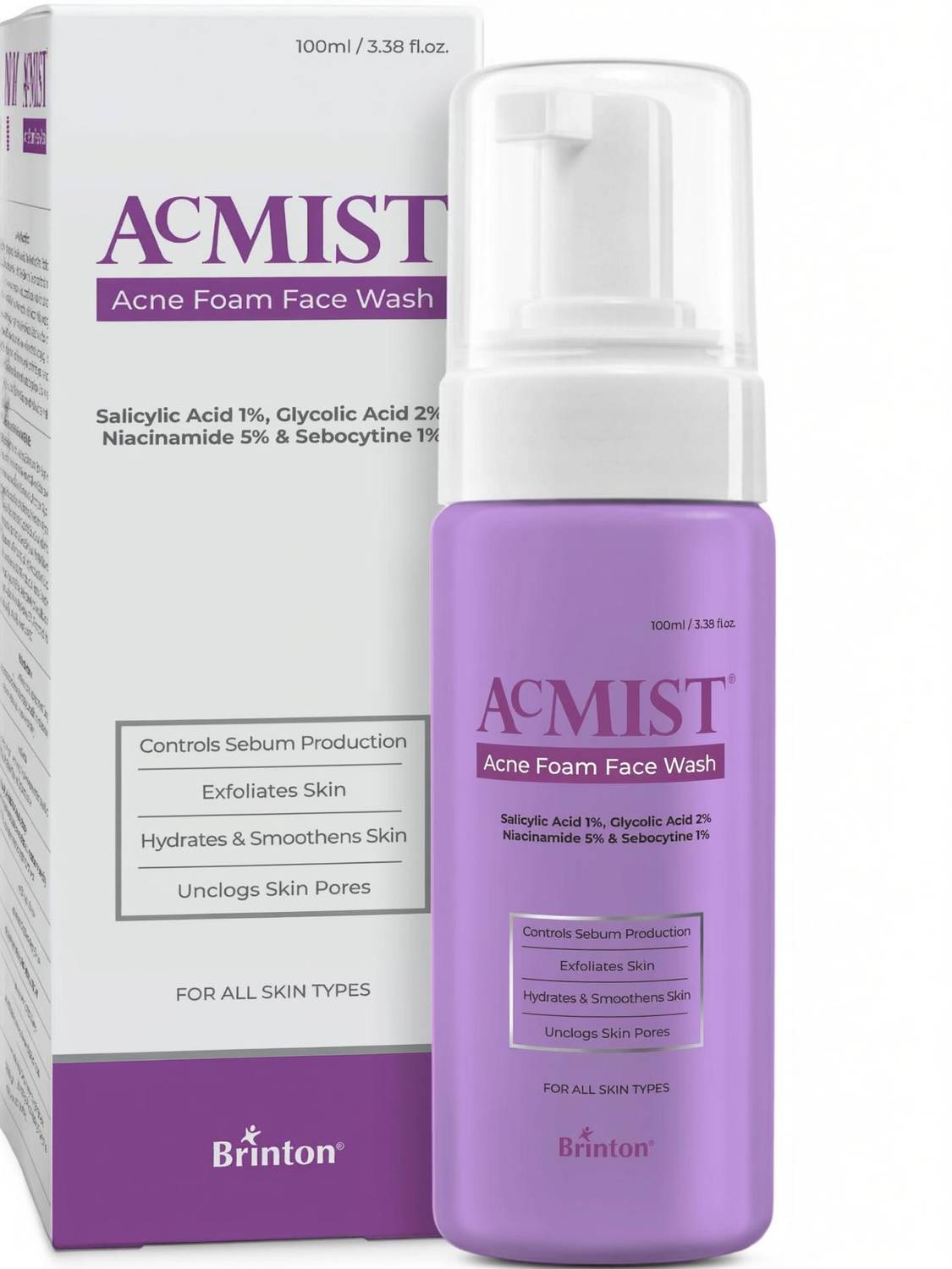 Brinton Acmist Foam  for Acne | Controls Sebum, Unclogs Pores, Smoothens Skin Face Wash